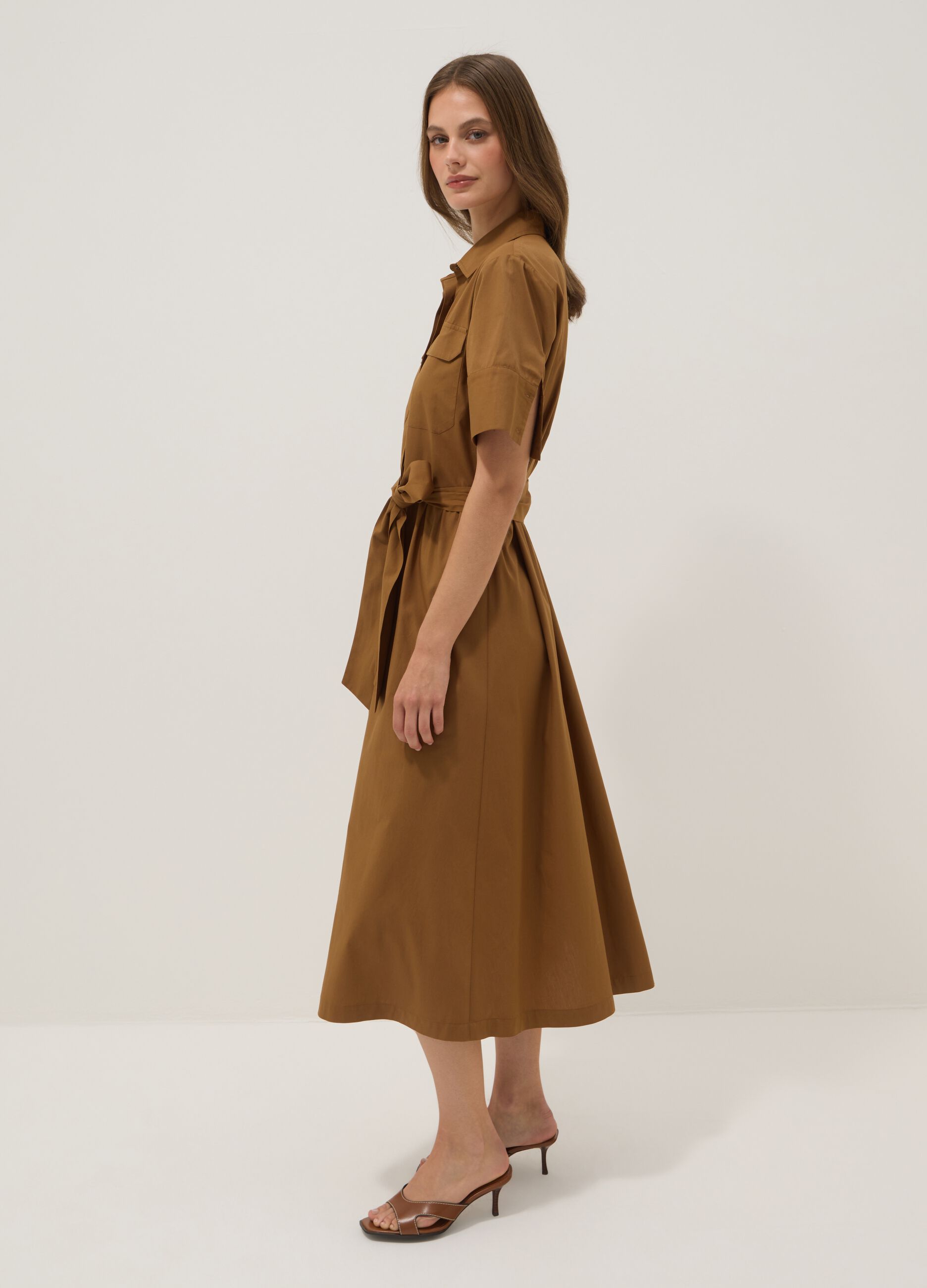Brown pure cotton shirt dress, regular fit
