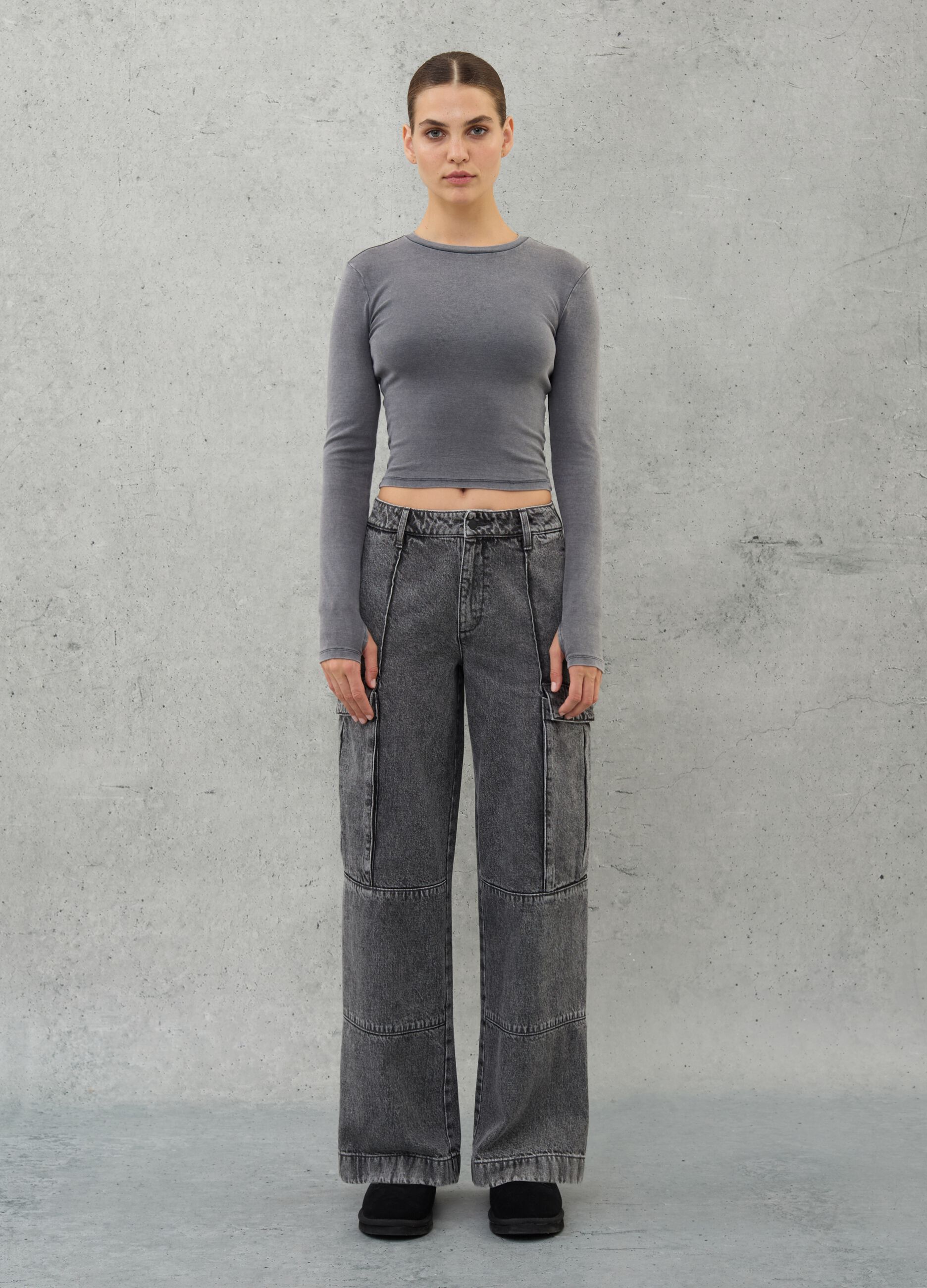 Long-sleeved Crop T-shirt Vintage Grey