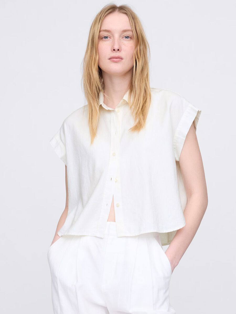 Camicia senza maniche bianca in lino e viscosa_0