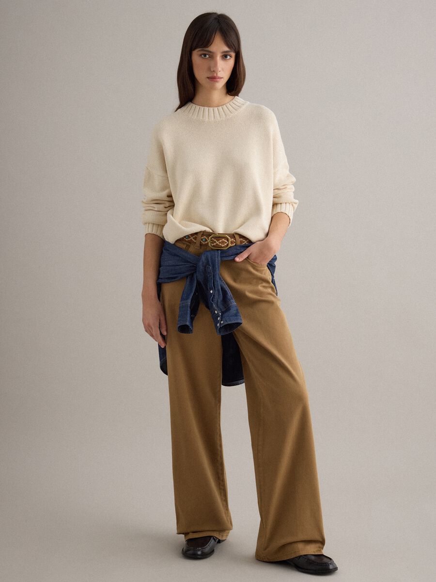 Beige crew neck pullover in pure cotton regular fit_1