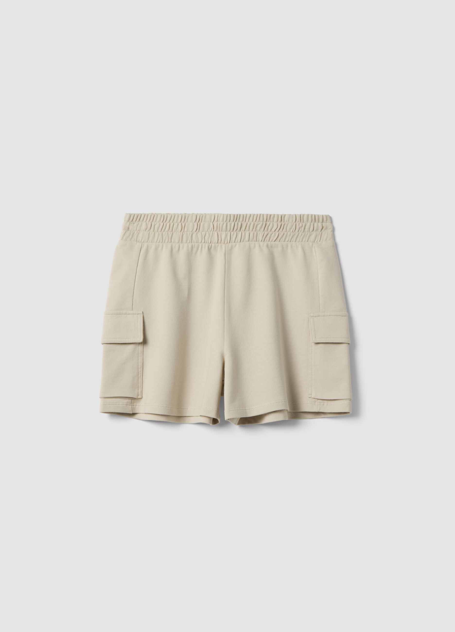 Girls' beige cotton-blend cargo shorts with relaxed fit