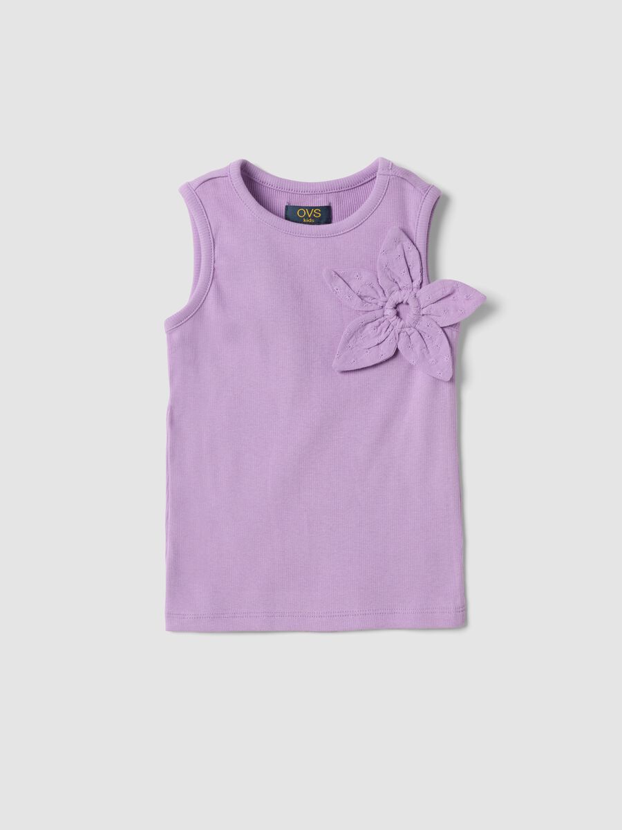 Purple fitted stretch cotton vest top with appliqu&eacute; flower for girls_0