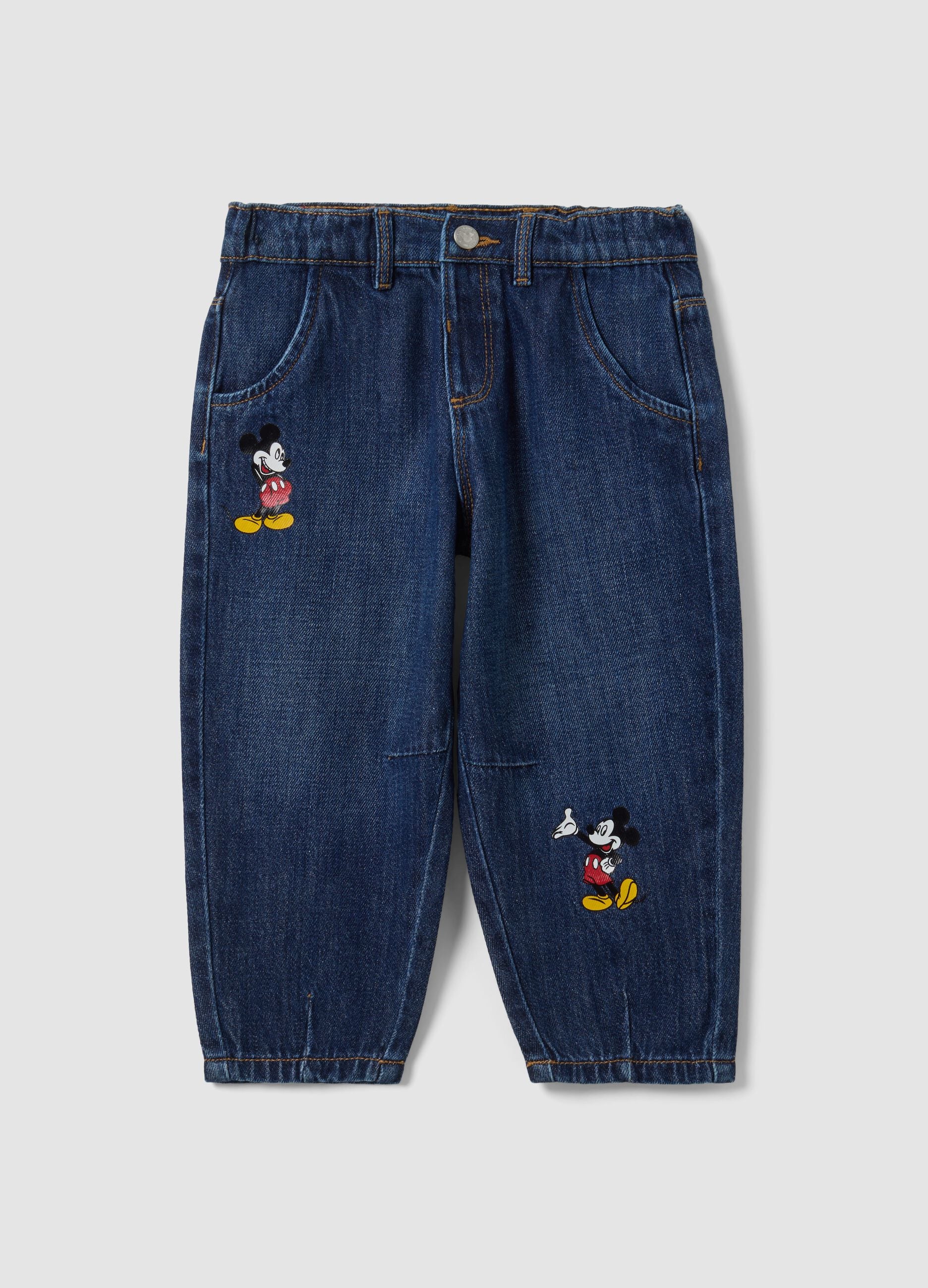 Blue cotton-viscose blend jeans with Mickey print, baggy fit for baby boy