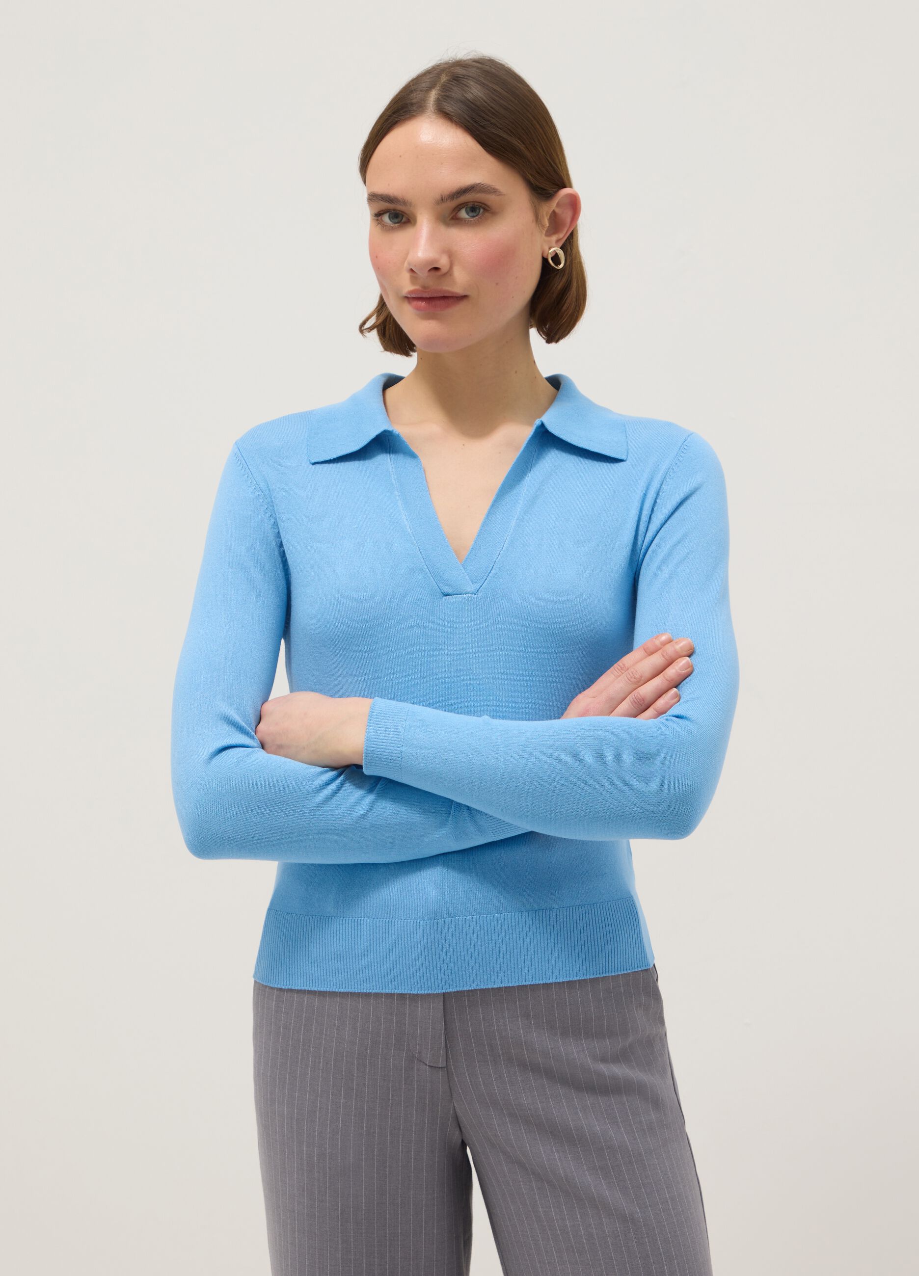 Regular fit blue viscose jumper with polo neck