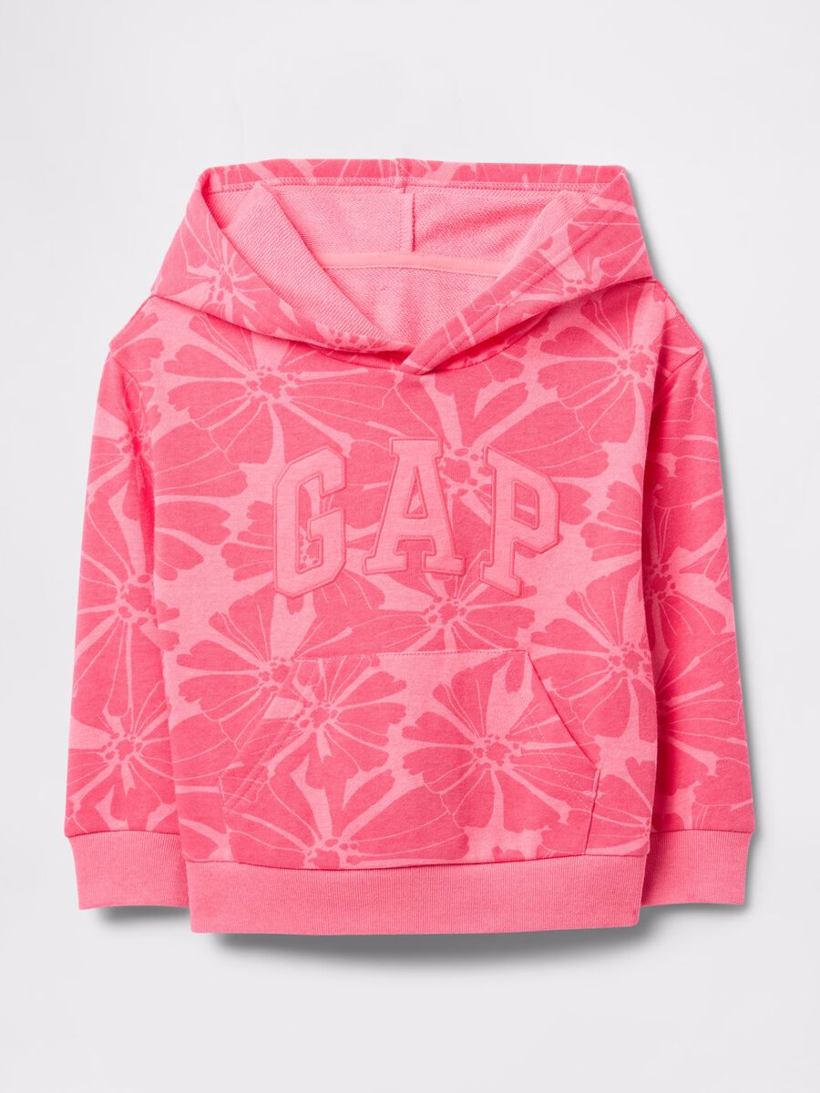 Pink sweatshirt in French terry with hood, flowers print and logo embroidery_0