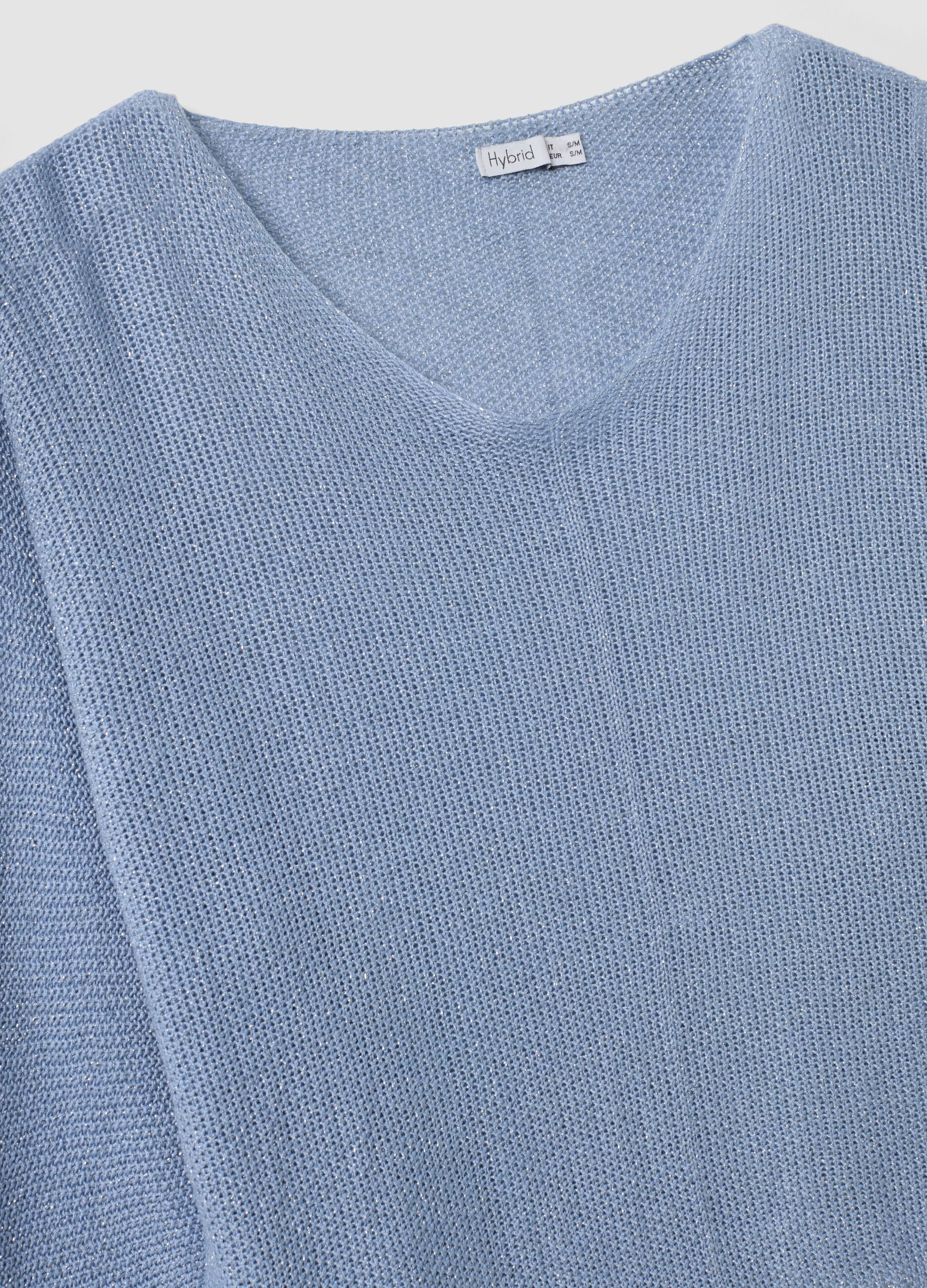 Light blue viscose and linen blend V-neck jumper