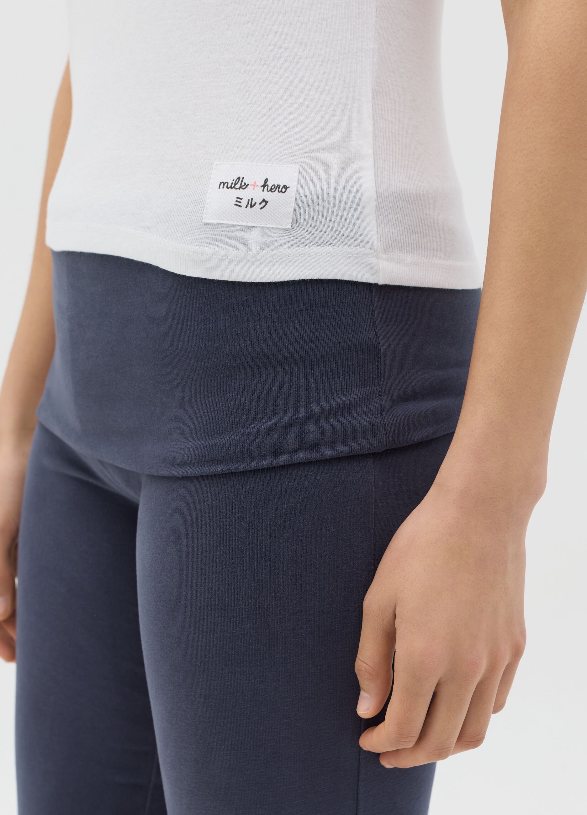 White T-shirt with blue raglan sleeves