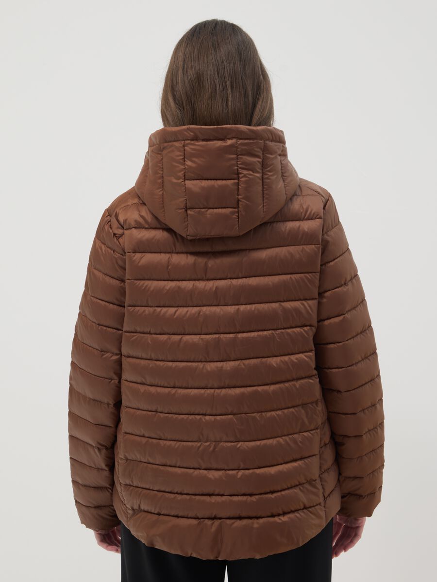 Brown padded regular fit jacket with zip and hood_3