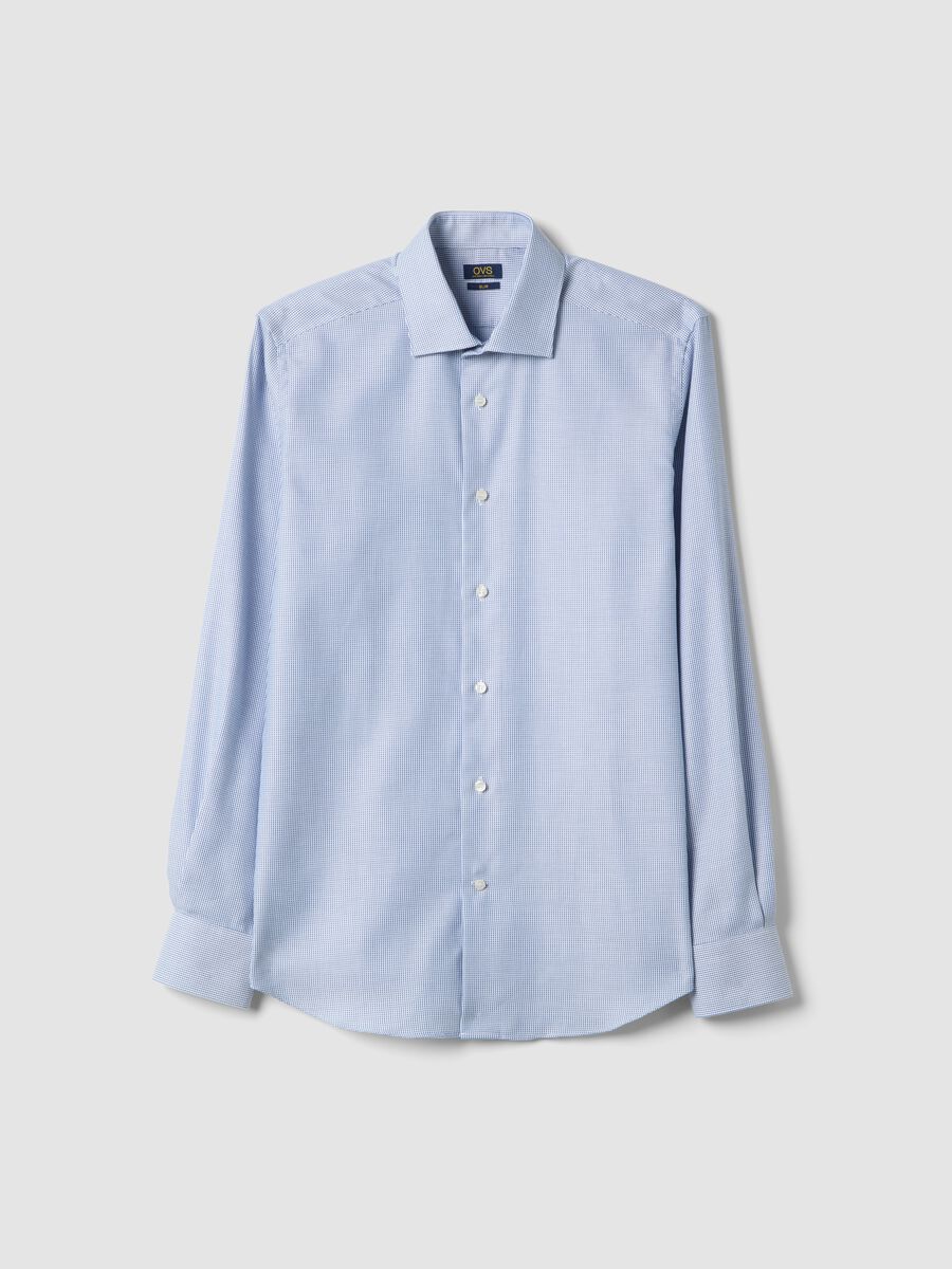Light blue slim fit cotton shirt with micro-checks_4