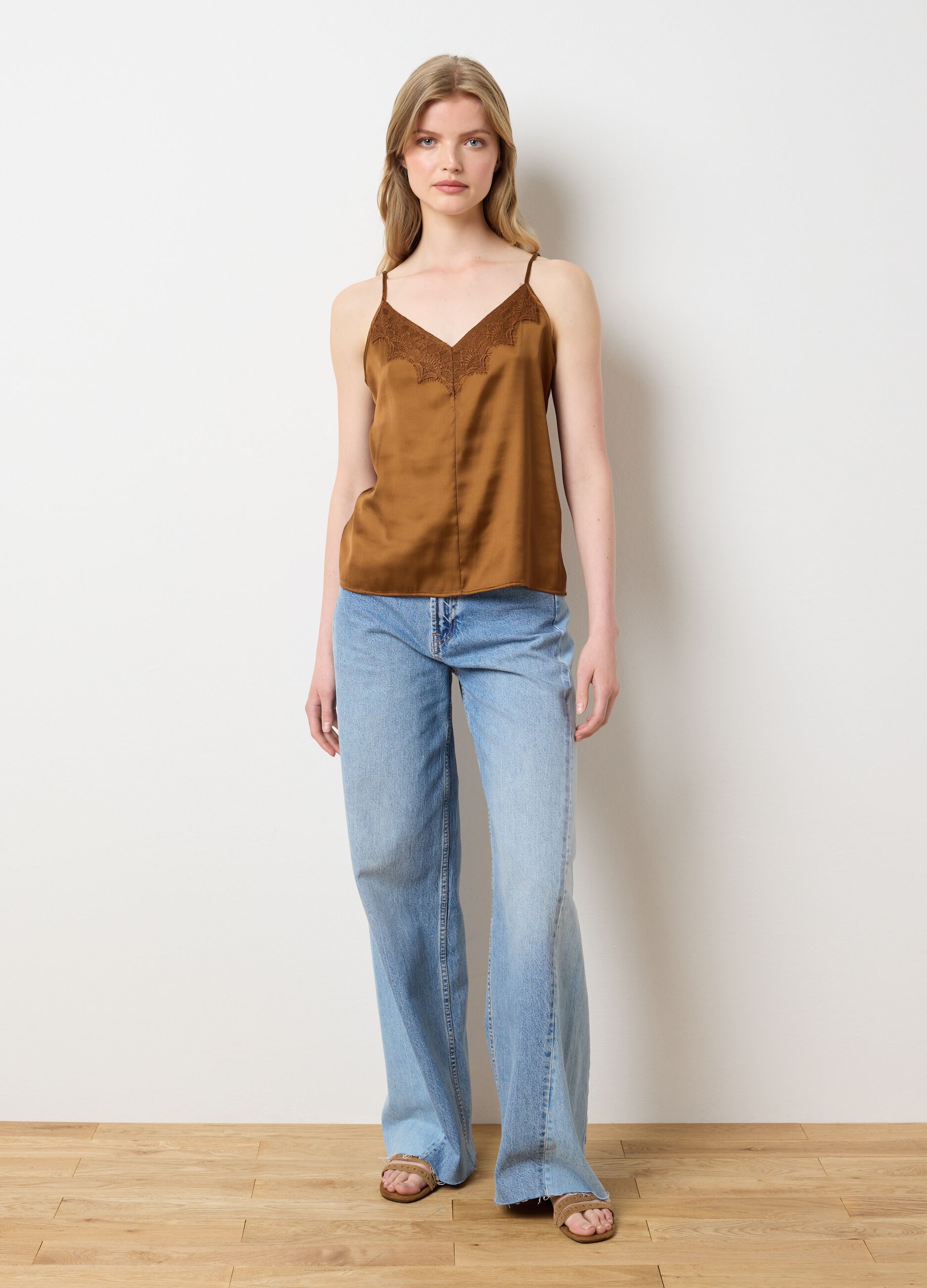 Brown satin blend women's slim fit top with lace