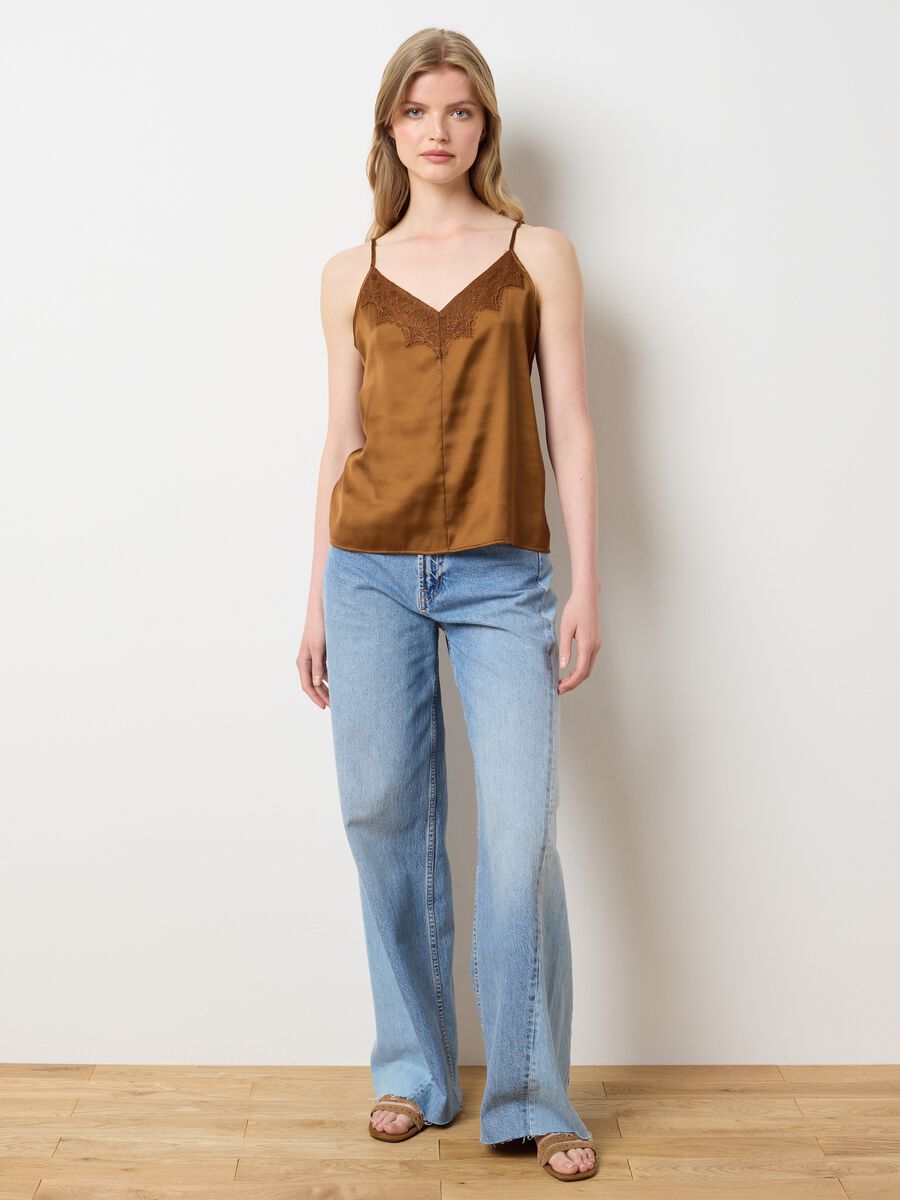 Brown satin blend women's slim fit top with lace_2