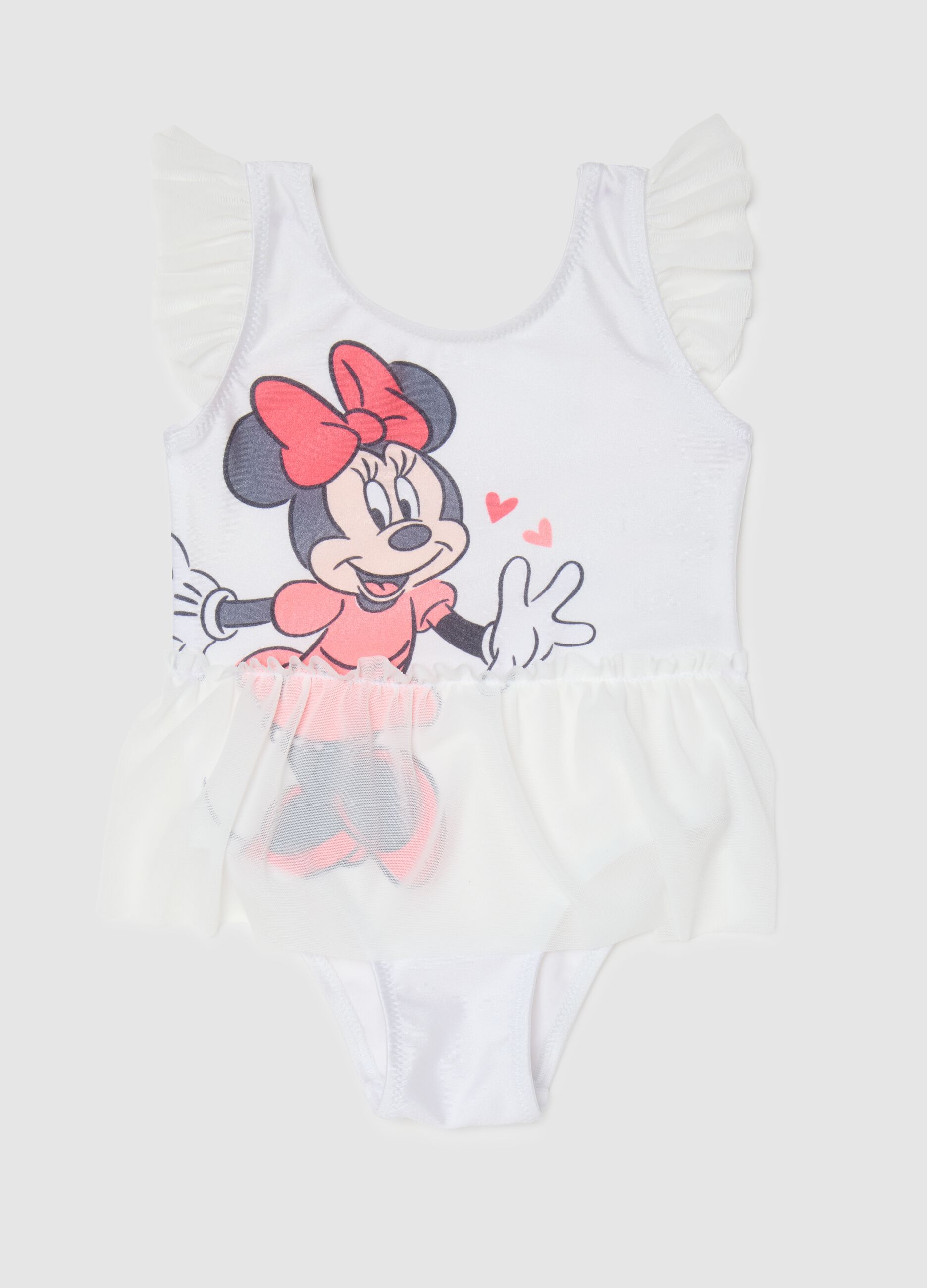 White Stretch Fabric Toddler Bodysuit with Minnie Print and Ruffle Details