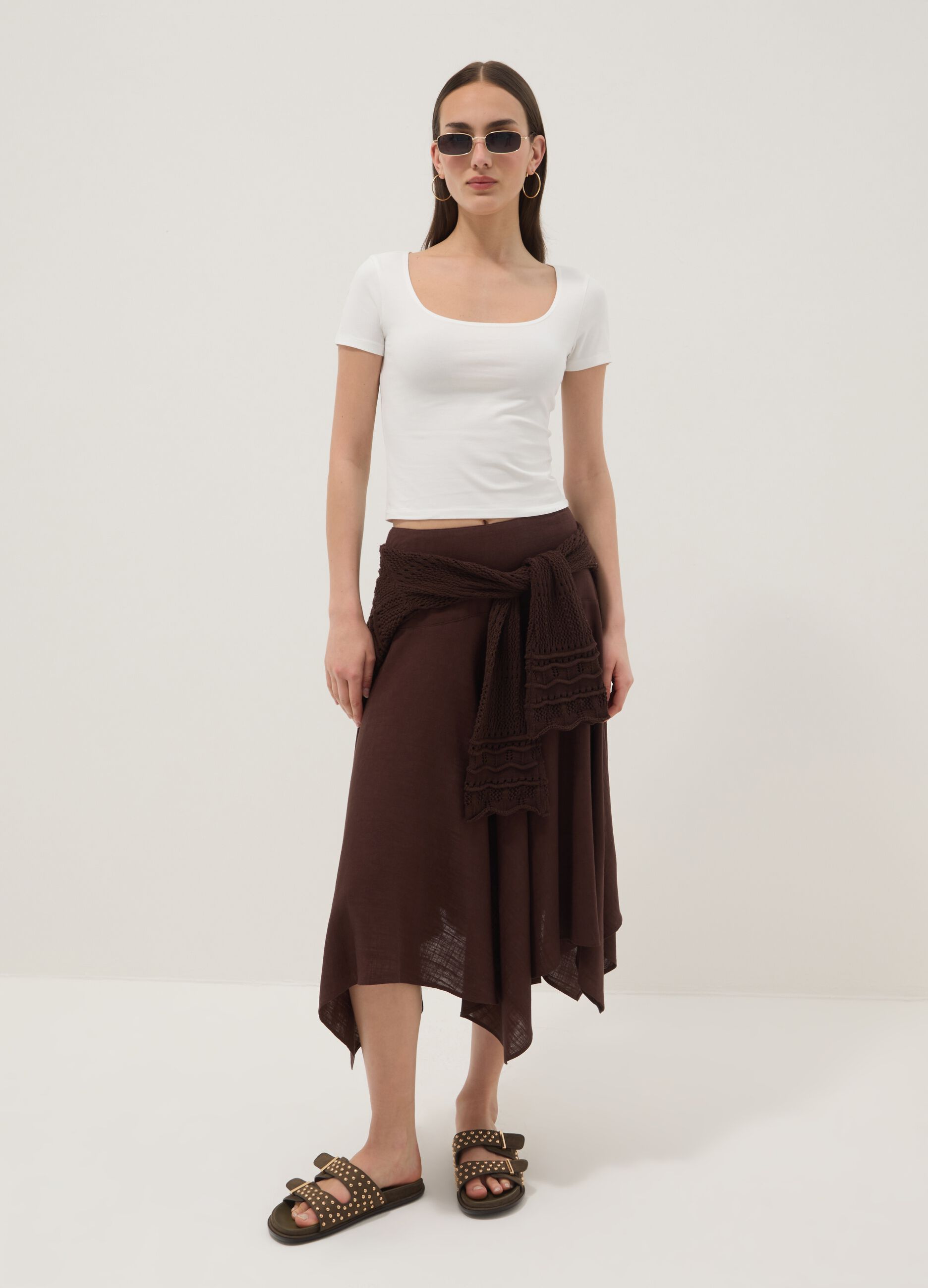 White stretch cotton T-shirt with square neckline