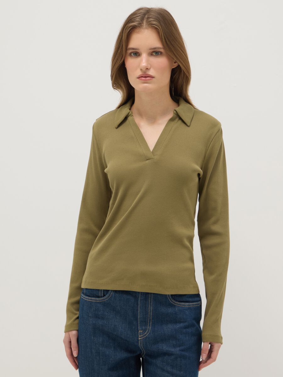 Green long-sleeve polo with V-neck in pure cotton regular fit_0