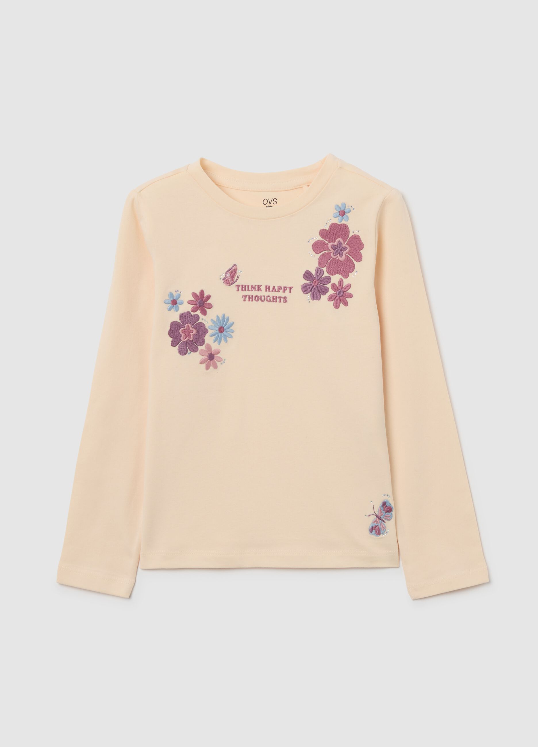 Beige regular fit girl's cotton blend jumper with embroidery