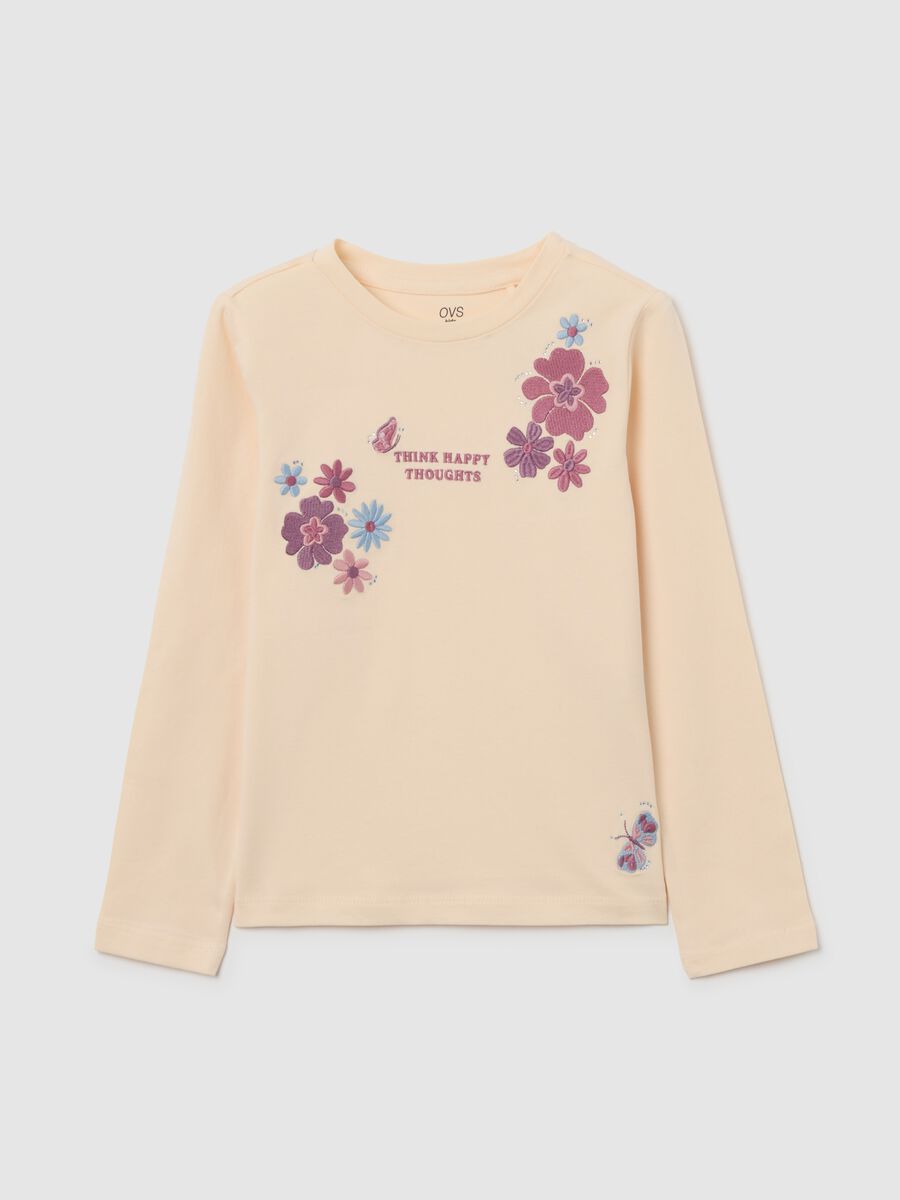 Beige regular fit girl's cotton blend jumper with embroidery_0