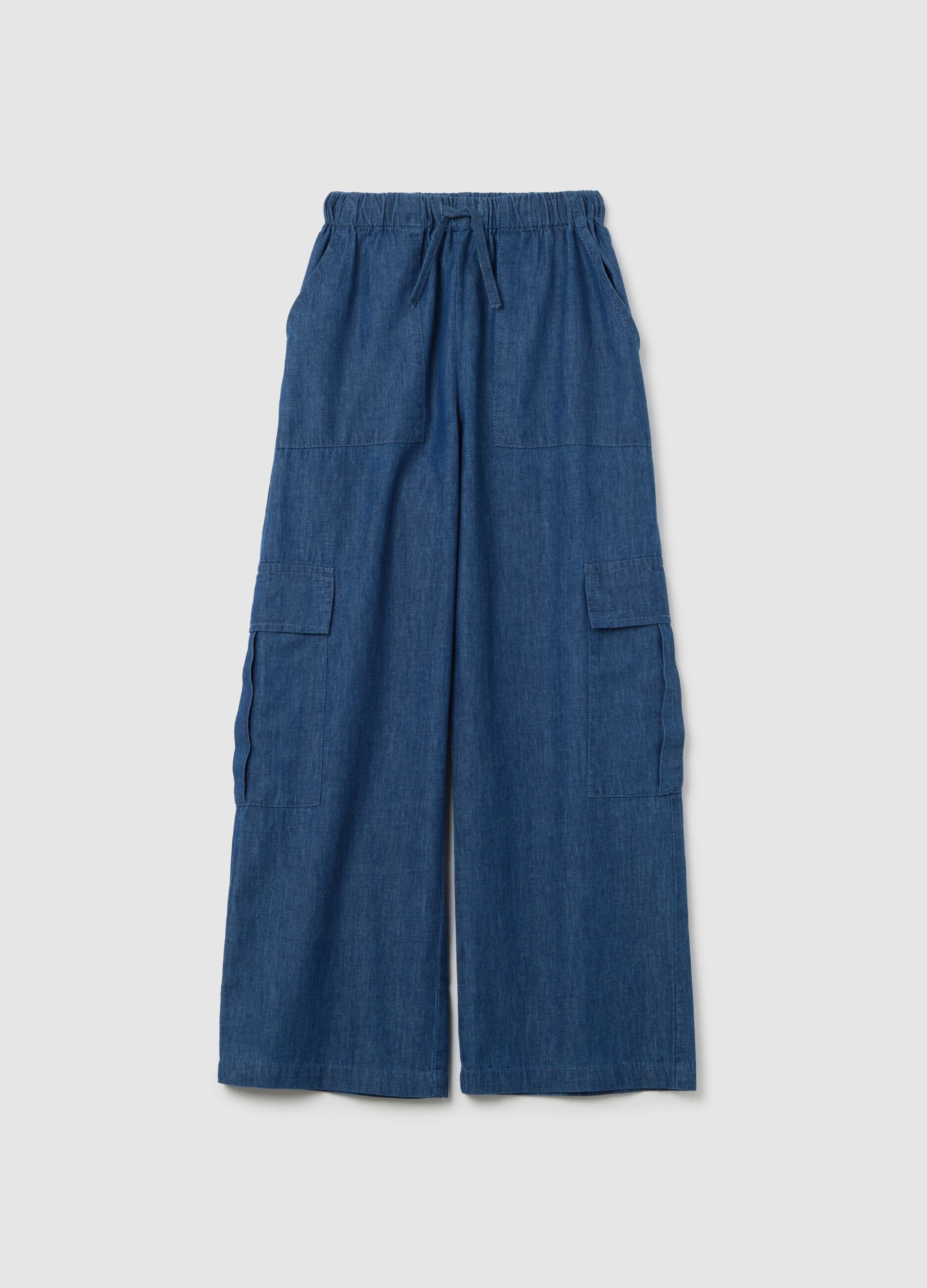 Girls' wide blue cargo trousers in pure cotton