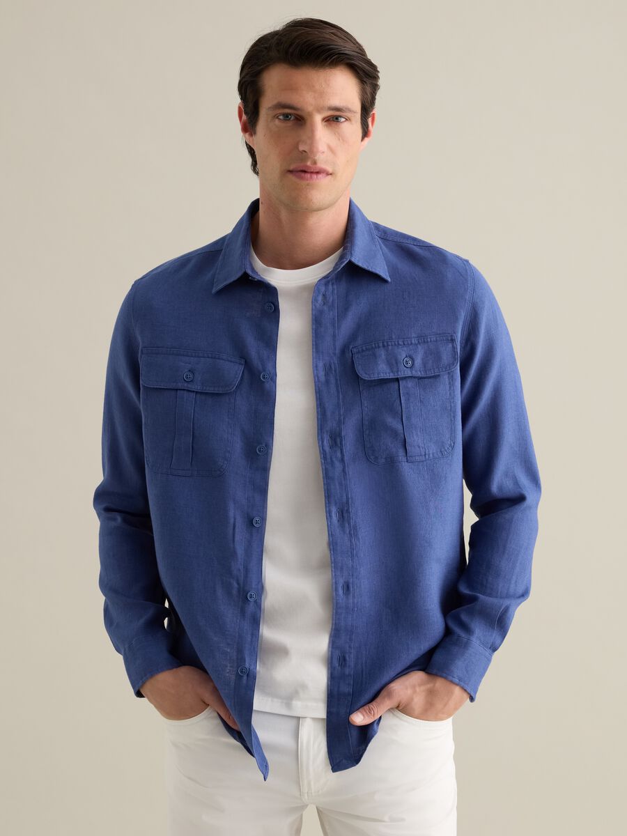 Classic Blue Pure Linen Shirt by Piombo_0