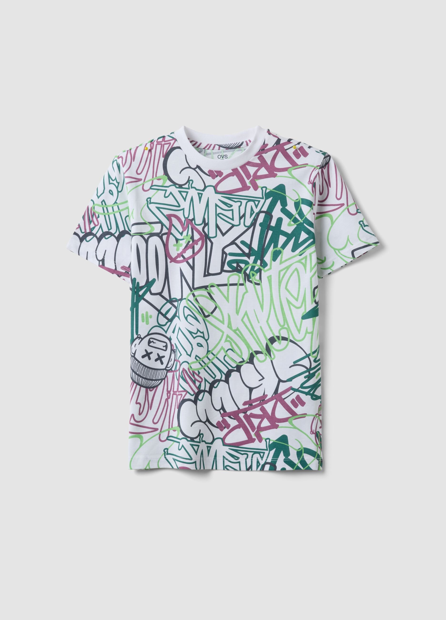 Boys&rsquo; multicolour pure cotton graffiti T-shirt, regular fit