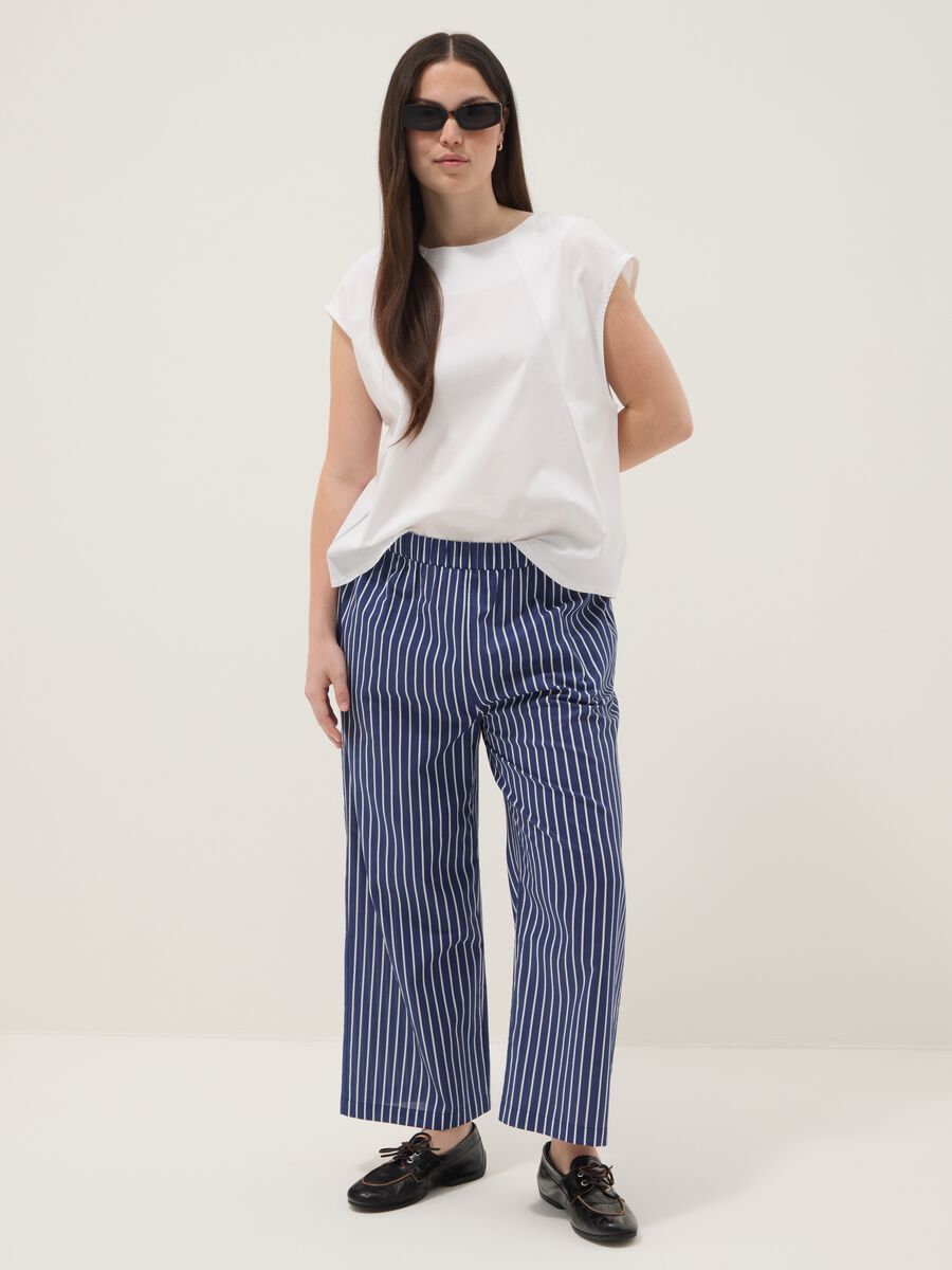 Pantaloni blu a righe in puro cotone wide leg_0