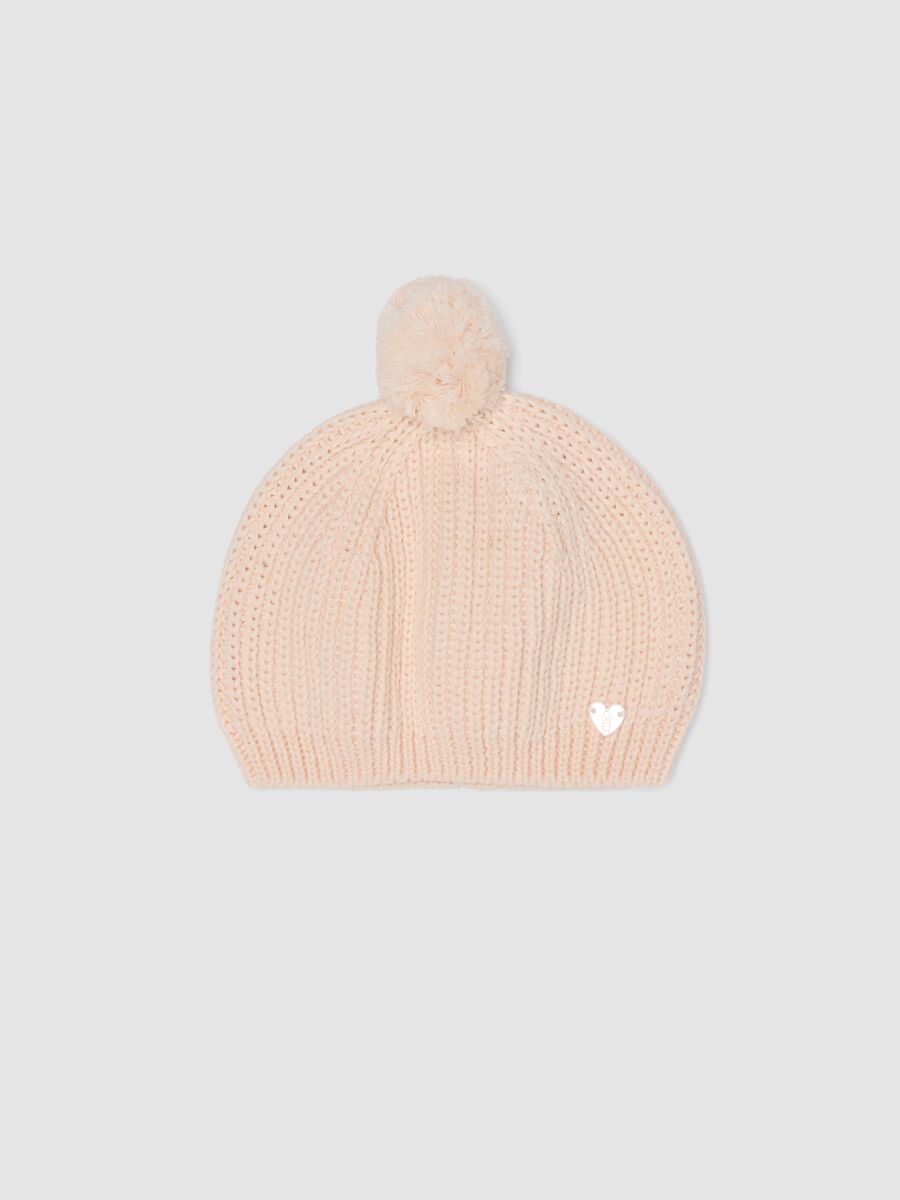 Cappello rosa con pompon in puro cotone organico lavorato a maglia_0