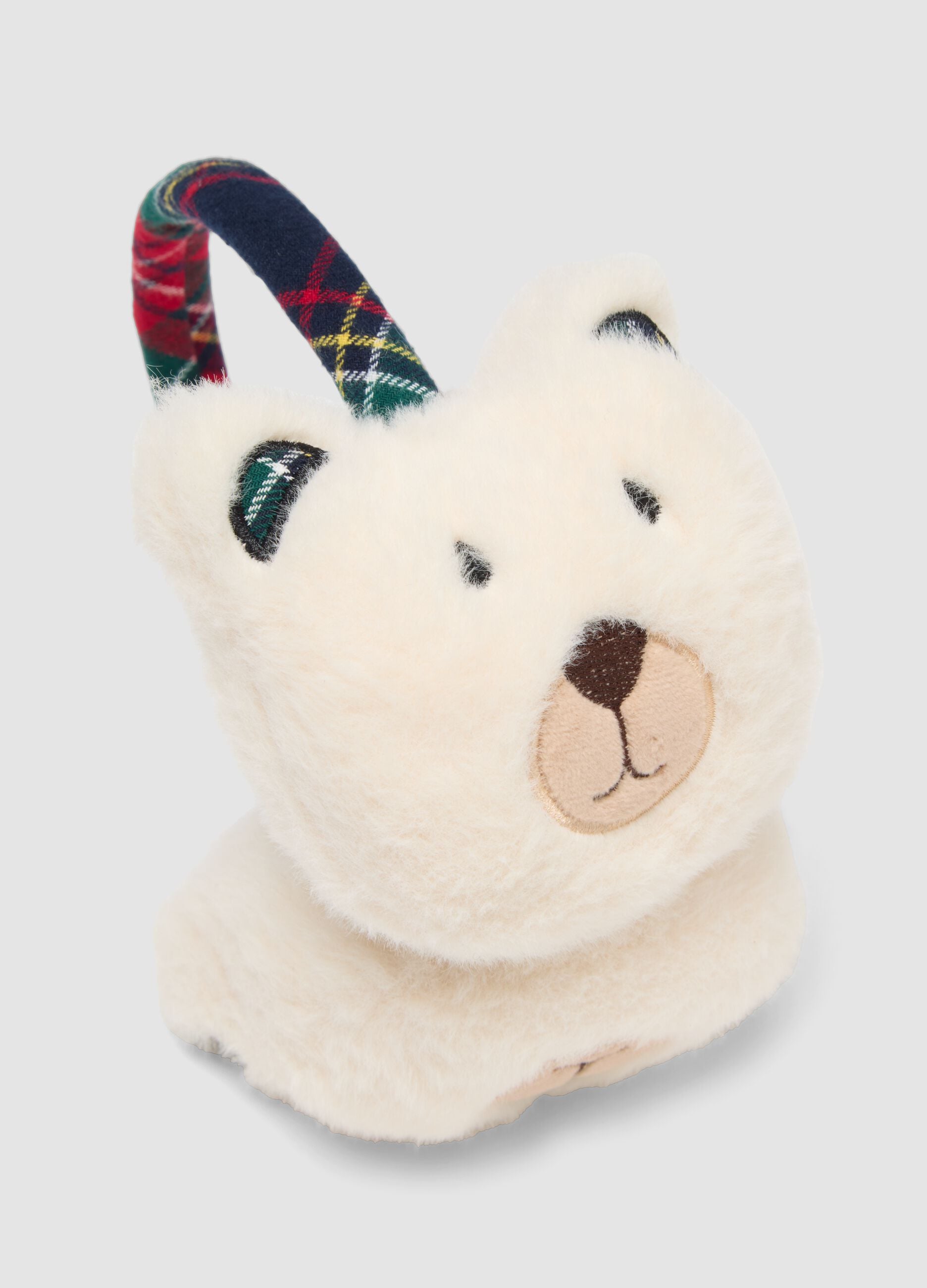 White checked earmuffs with teddy bear