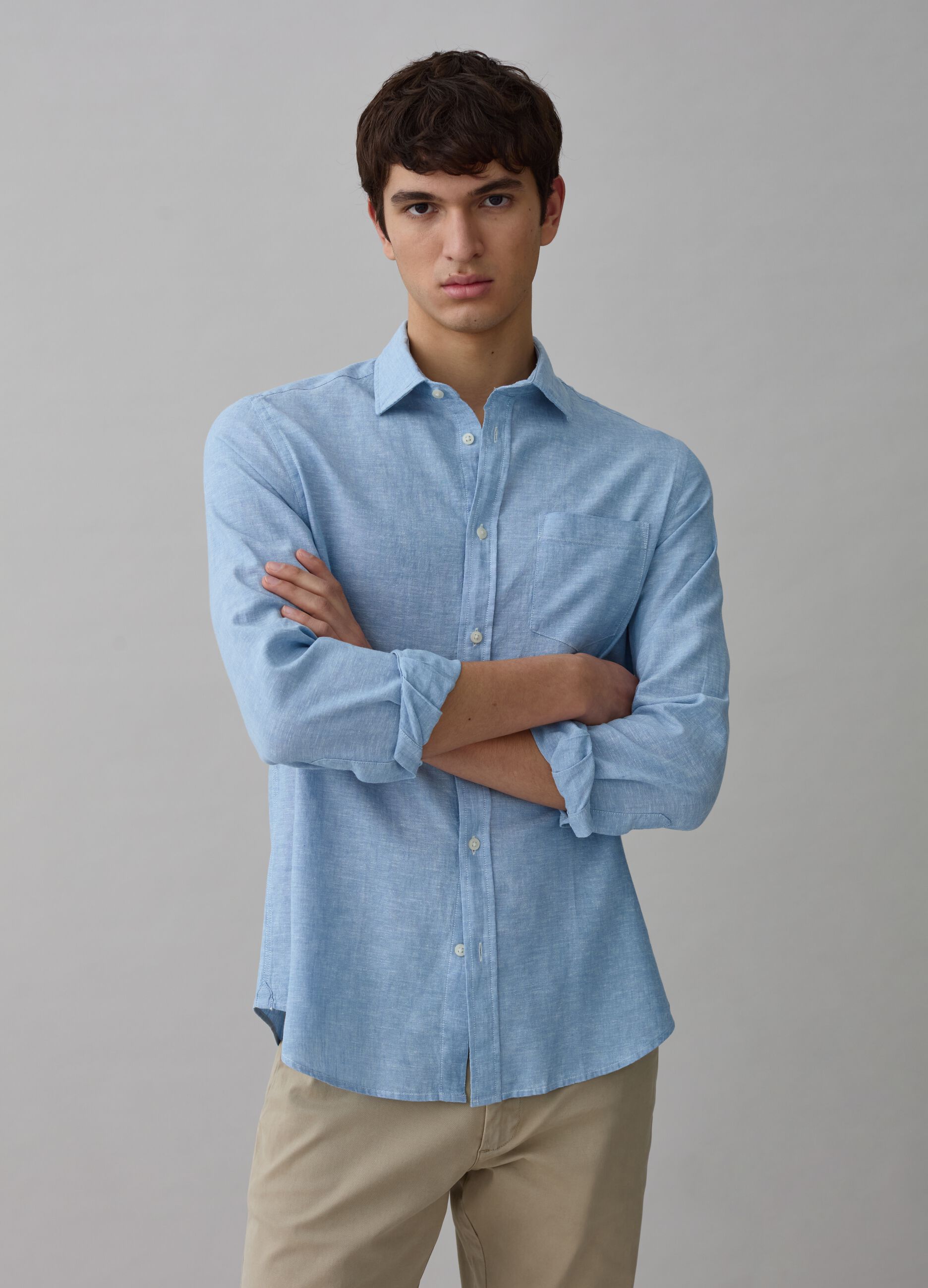 Camicia in lino e cotone chambray
