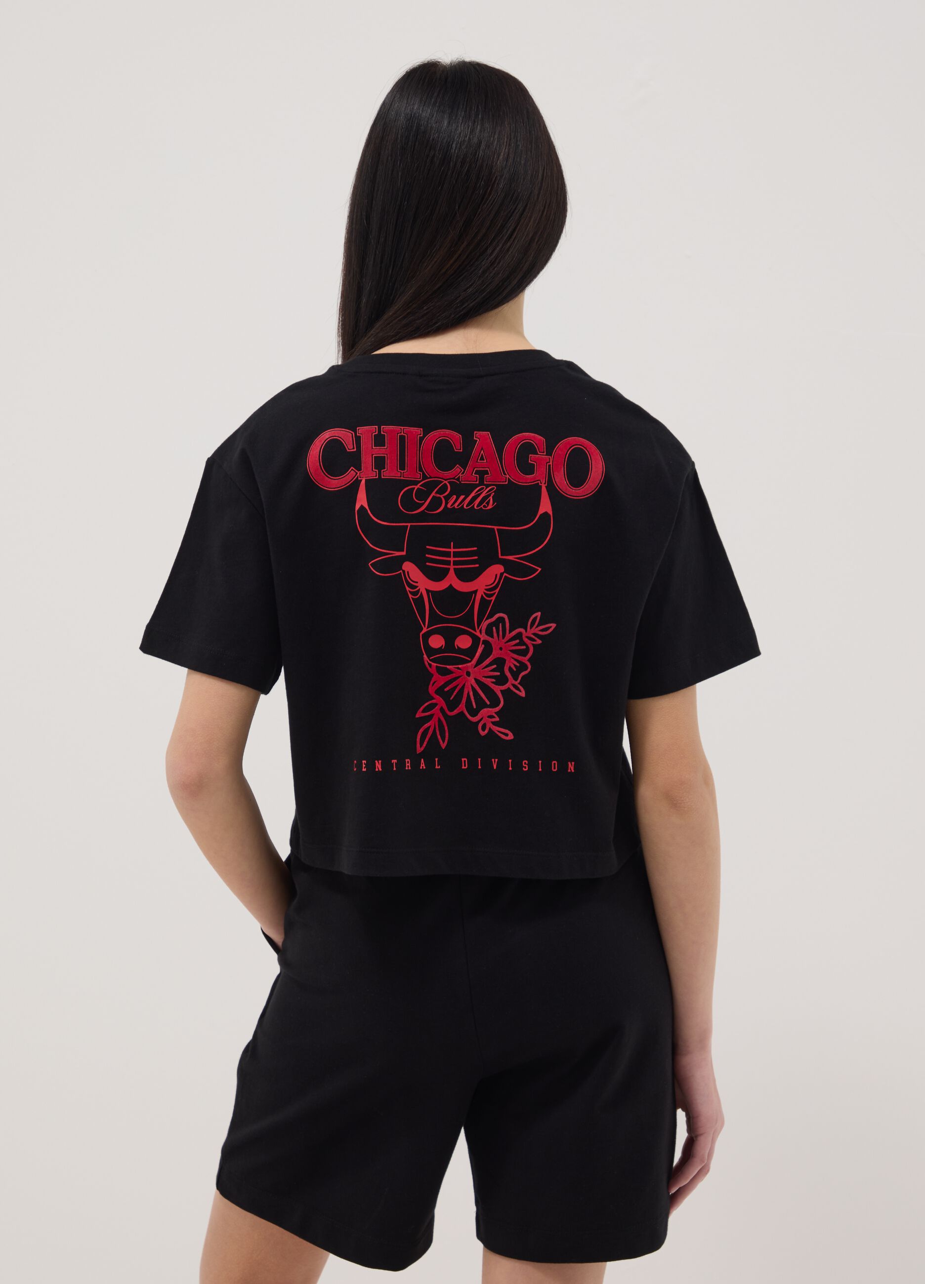 Girls' pure black cotton relaxed fit Chicago Bulls T-shirt