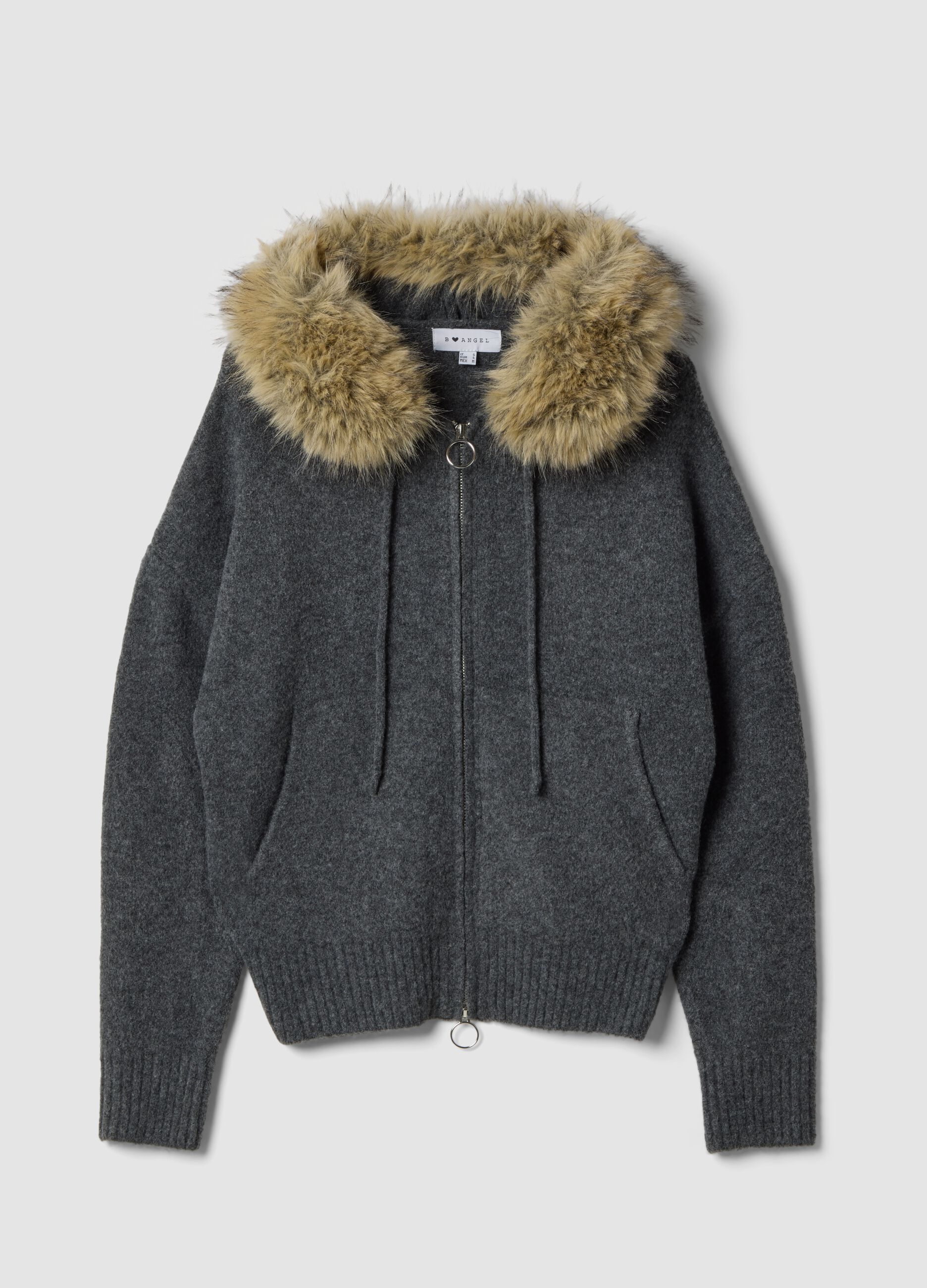 Cardigan grigio in lana elasticizzata con colletto a contrasto