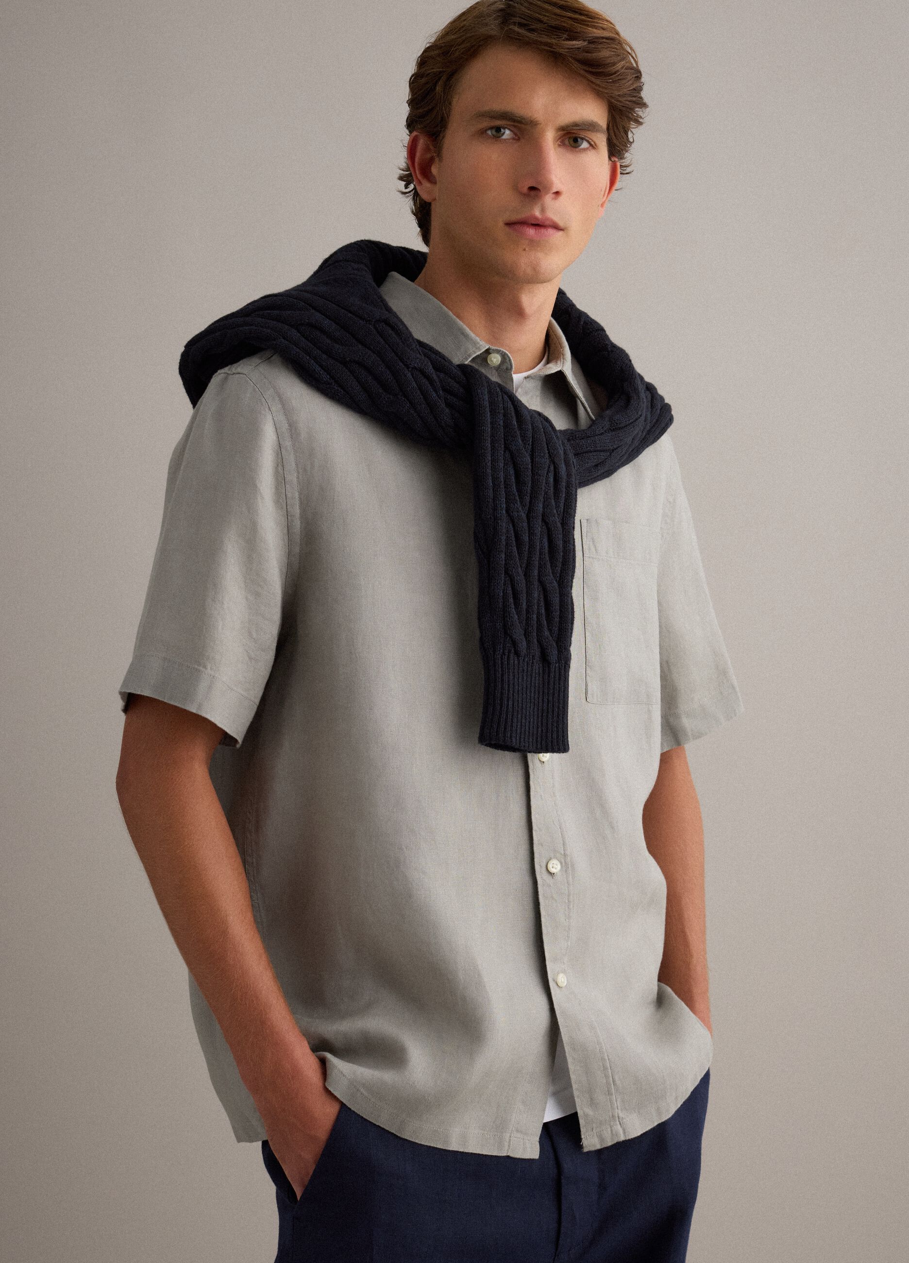 Grey pure linen shirt regular fit