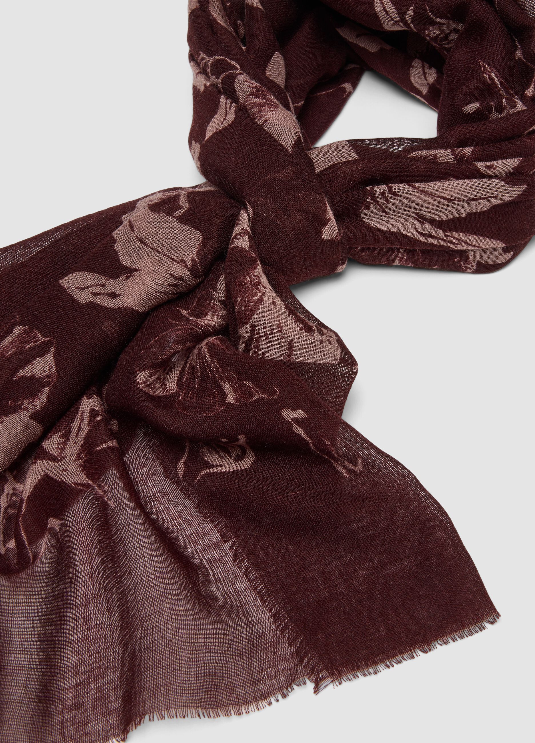 Brown wool-blend scarf with floral pattern