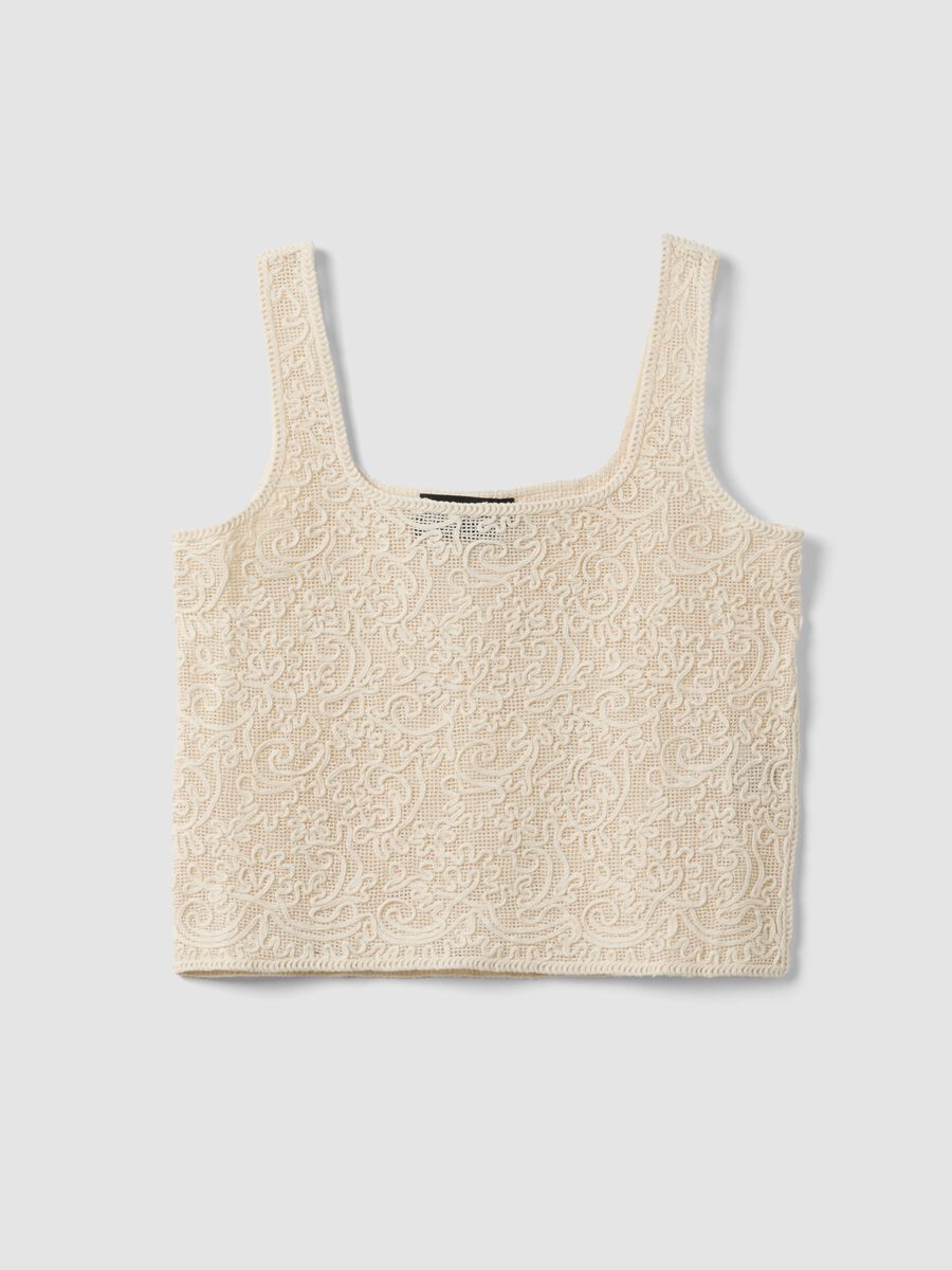 Tank top beige in misto cotone regular fit con ricamo e rete_0
