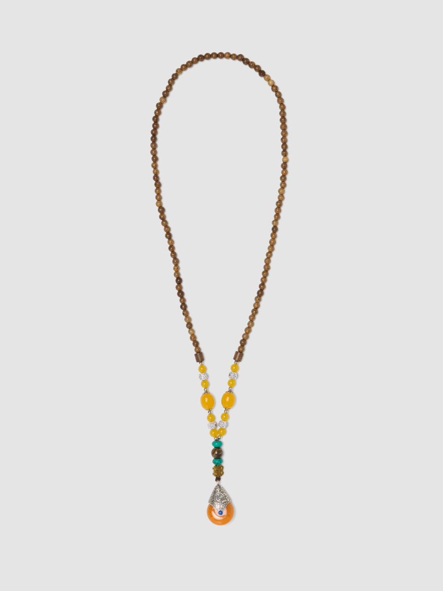 Brown, yellow, orange, silver-grey, turquoise blue, off-white and red necklace_0