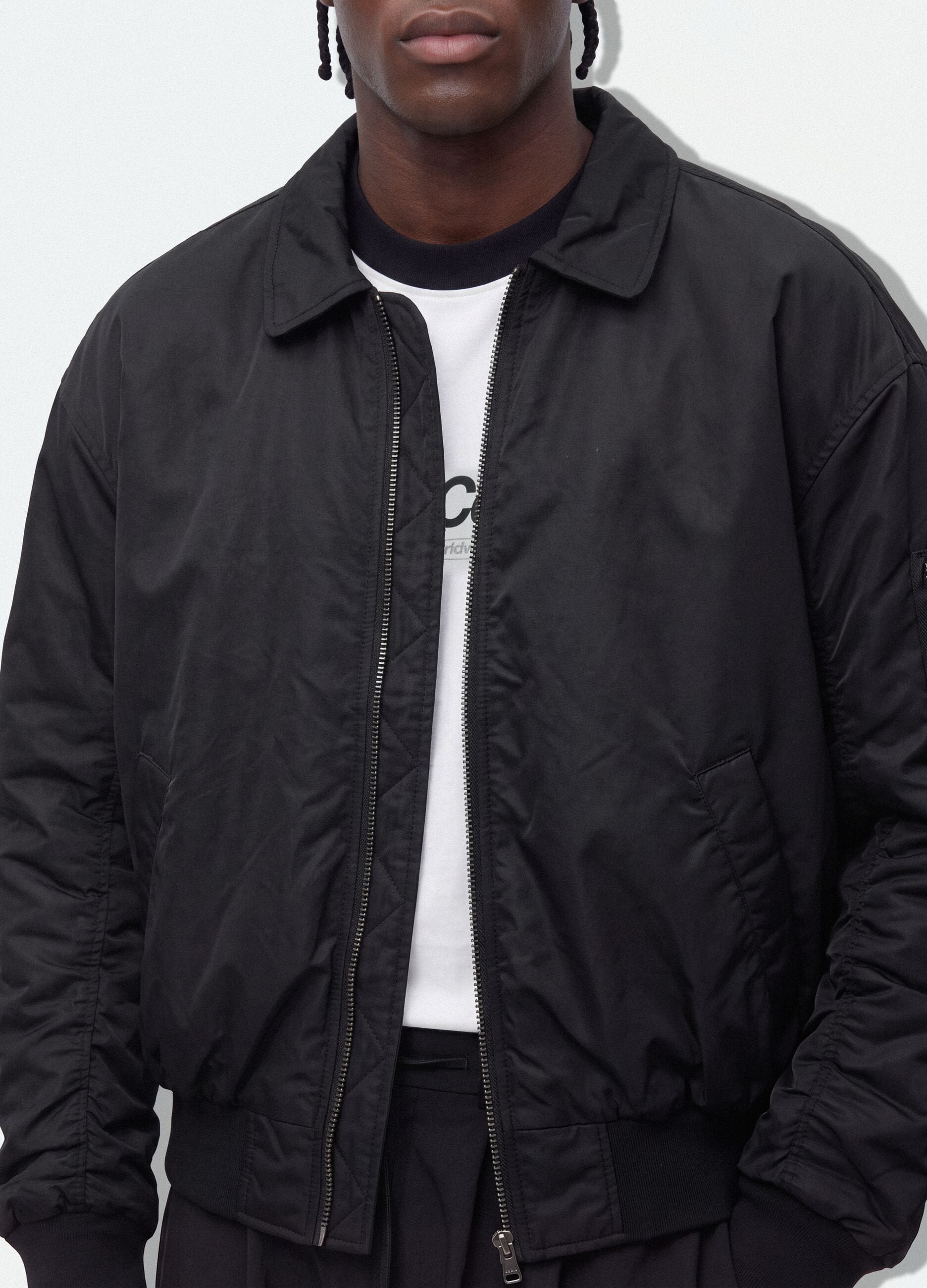 Black cropped padded jacket with zip and shirt collar