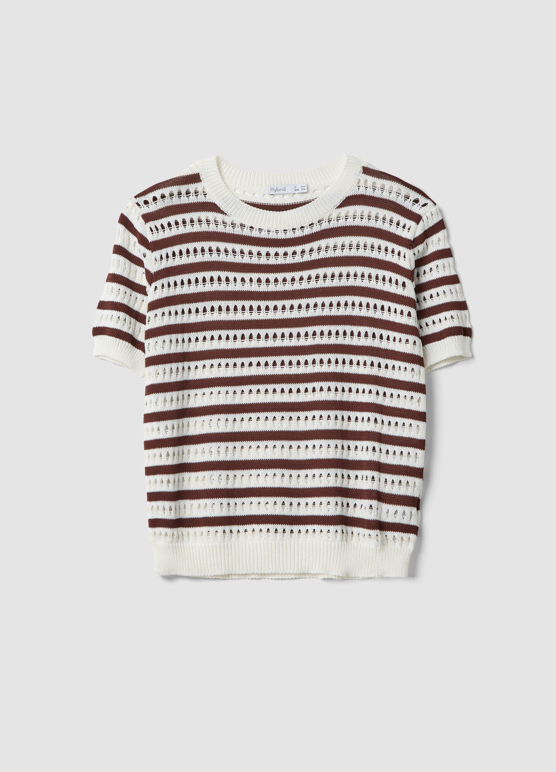 White and brown striped open-knit viscose-blend T-shirt, regular fit