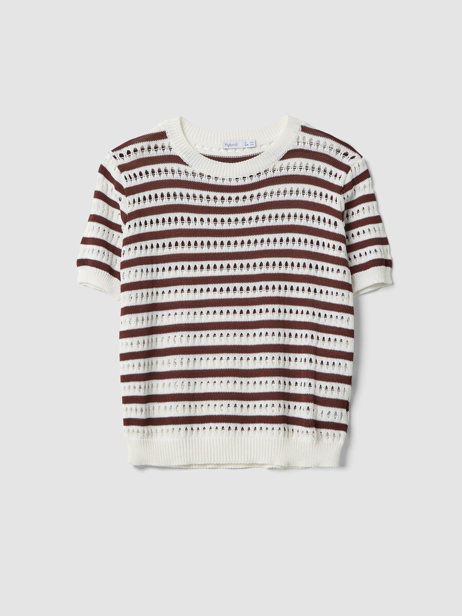 White and brown striped open-knit viscose-blend T-shirt, regular fit_0