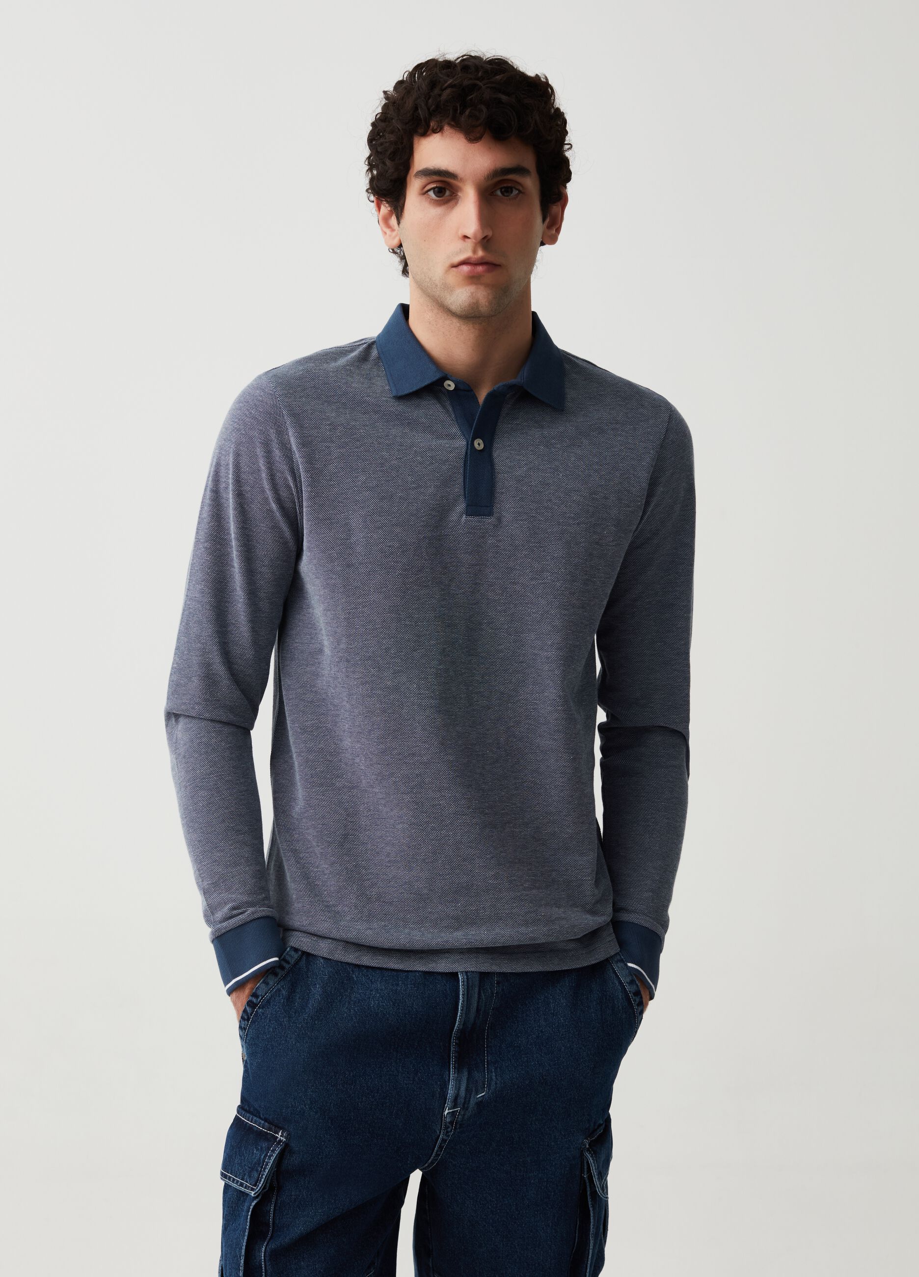 Long-sleeved polo shirt with jacquard weave