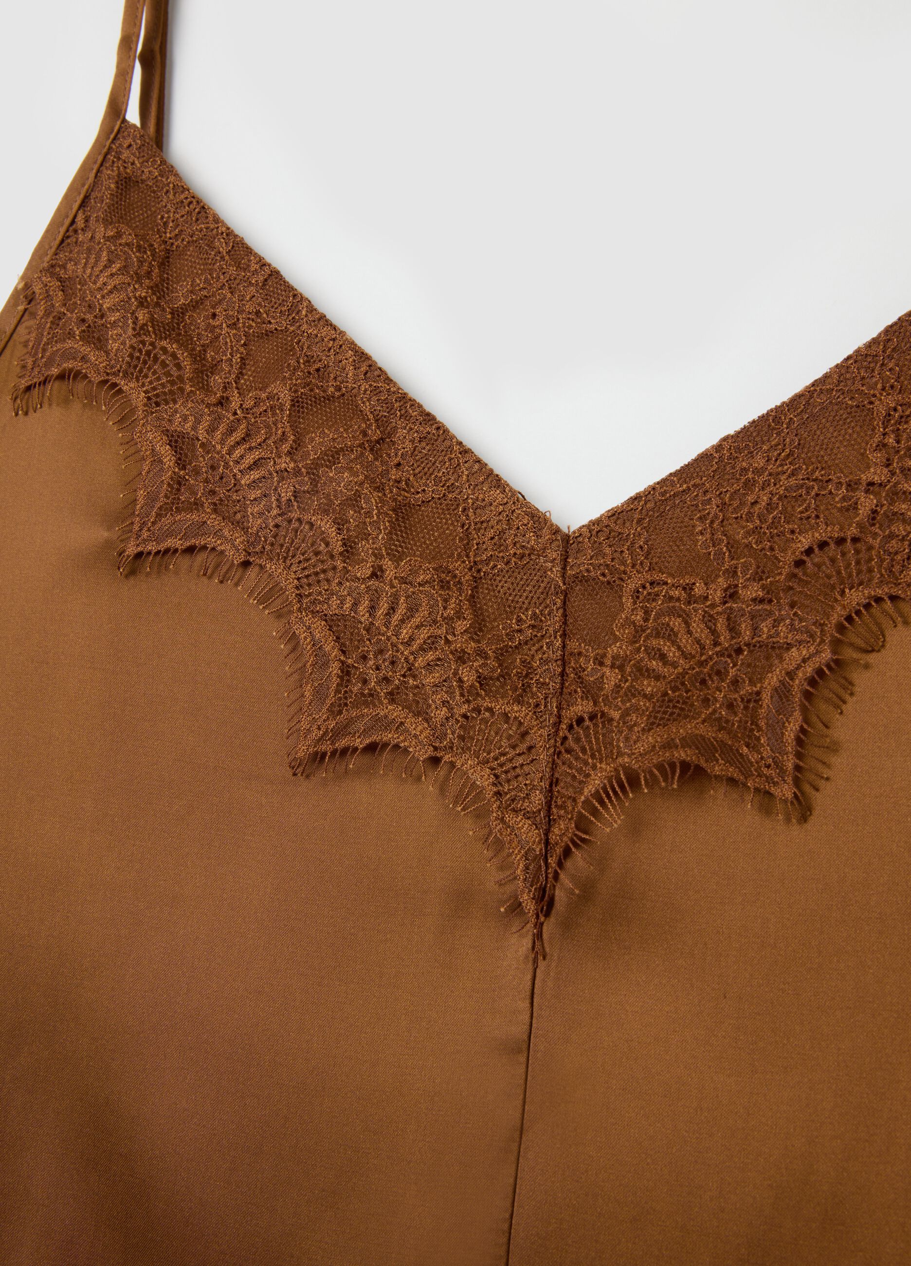 Brown satin blend women's slim fit top with lace