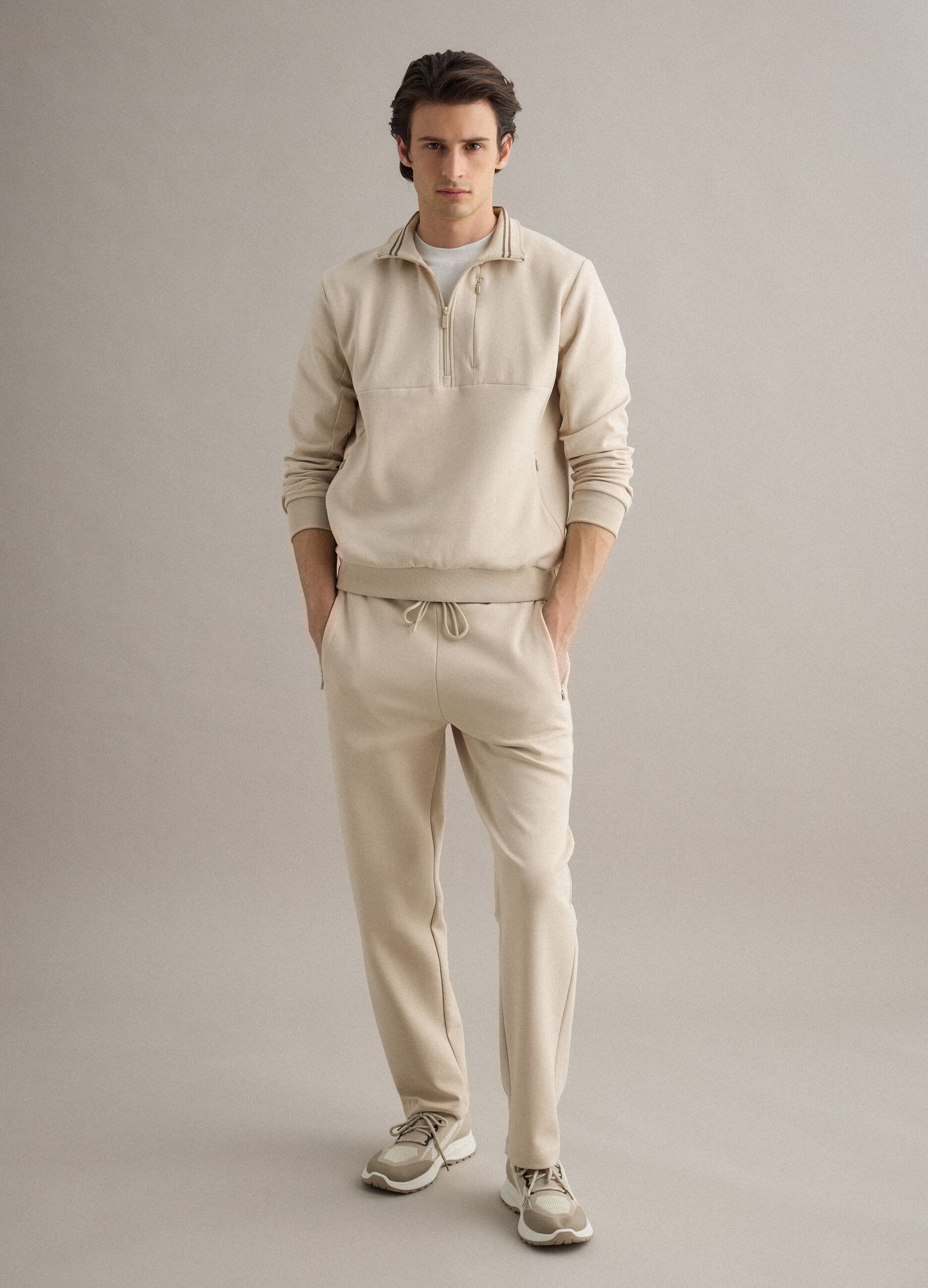 Beige Stretch Cotton Blend Joggers, Regular Fit