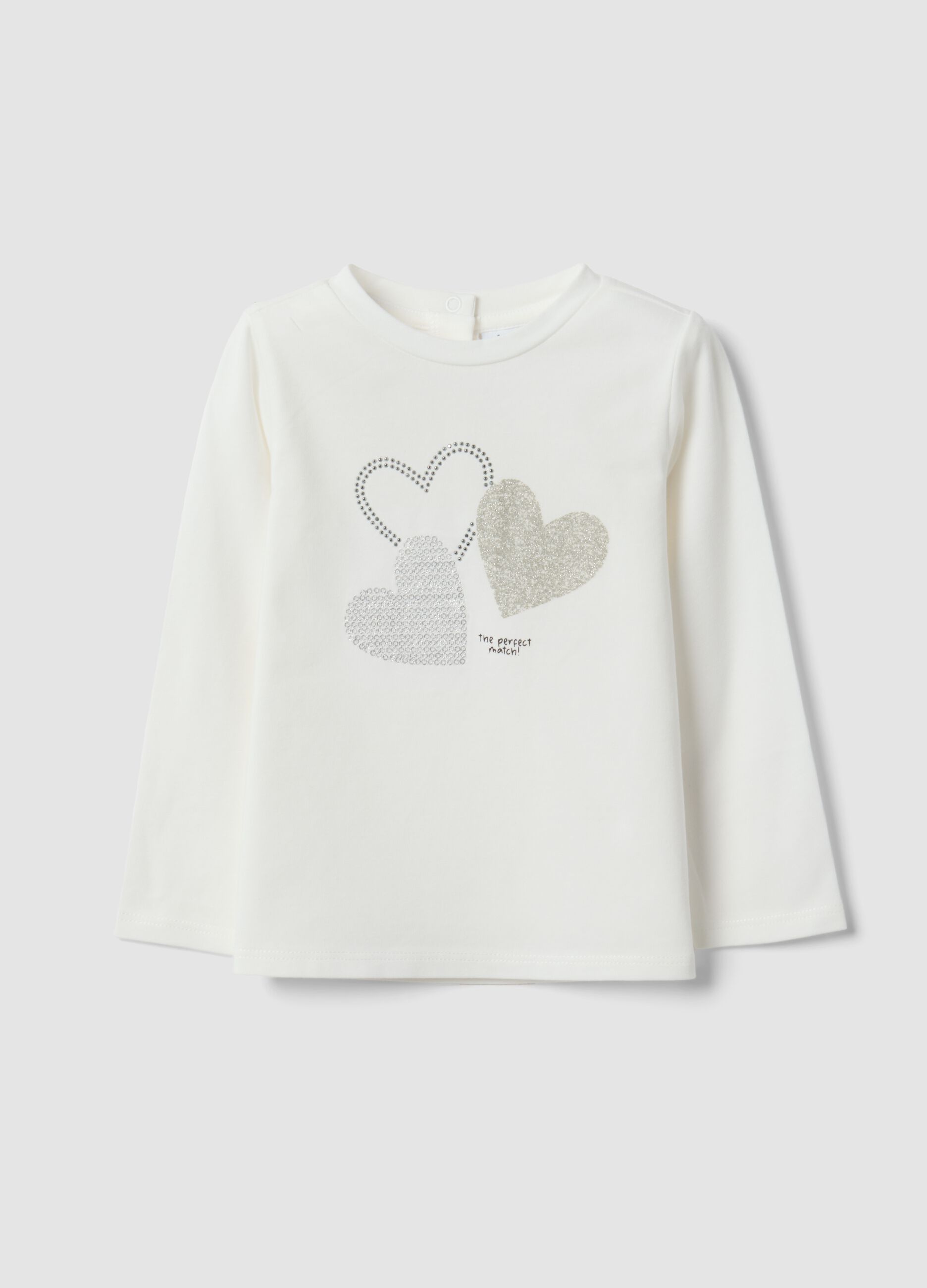 White organic stretch-cotton T-shirt with heart print for baby girl