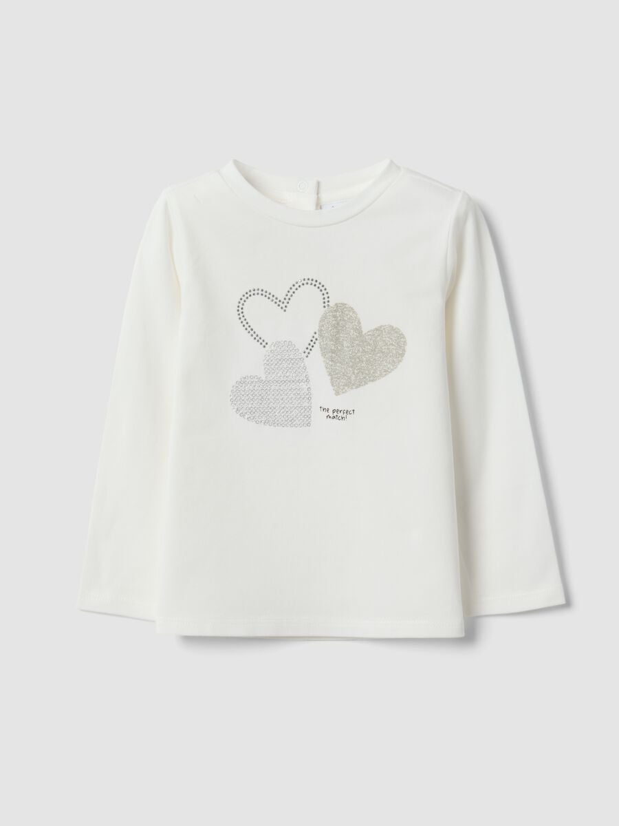 Maglietta bianca in cotone organico elasticizzato con stampa cuori per bimba_0