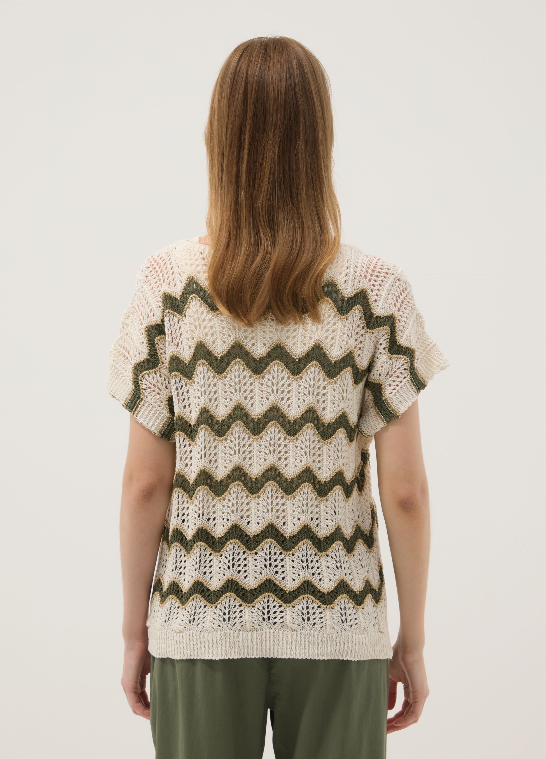 Beige open-knit striped top with green detailing in stretch cotton, regular fit