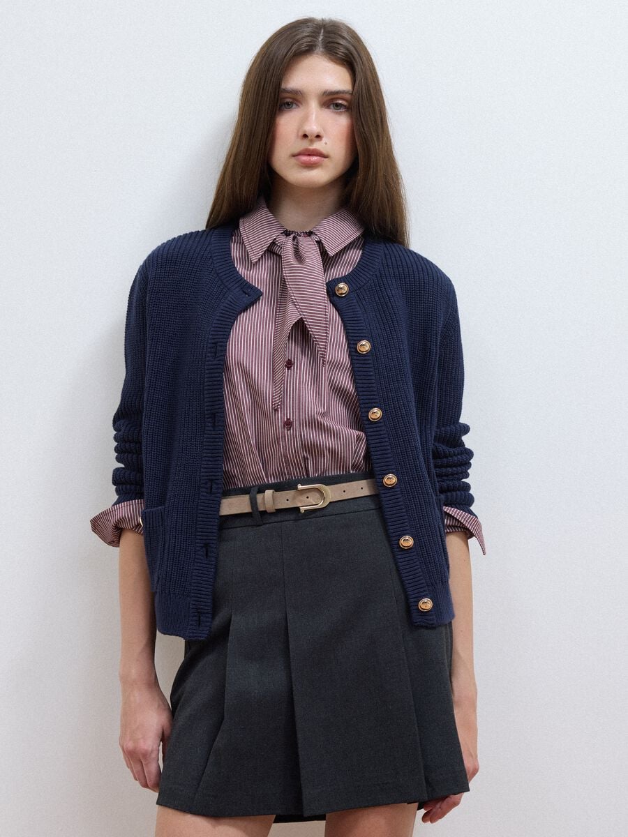 Blue pure cotton crew-neck knit cardigan_1