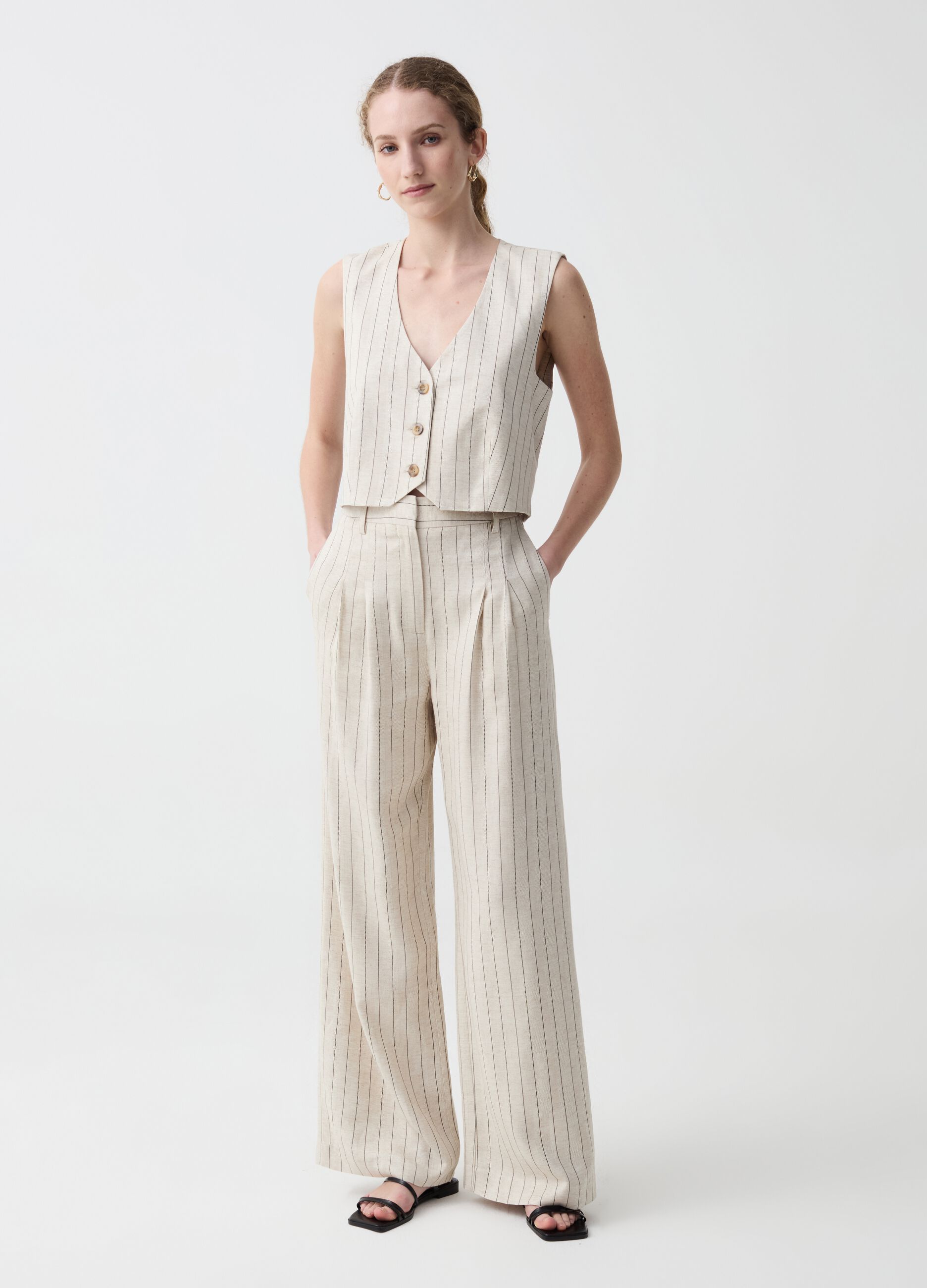 Wide-leg pinstripe trousers with darts