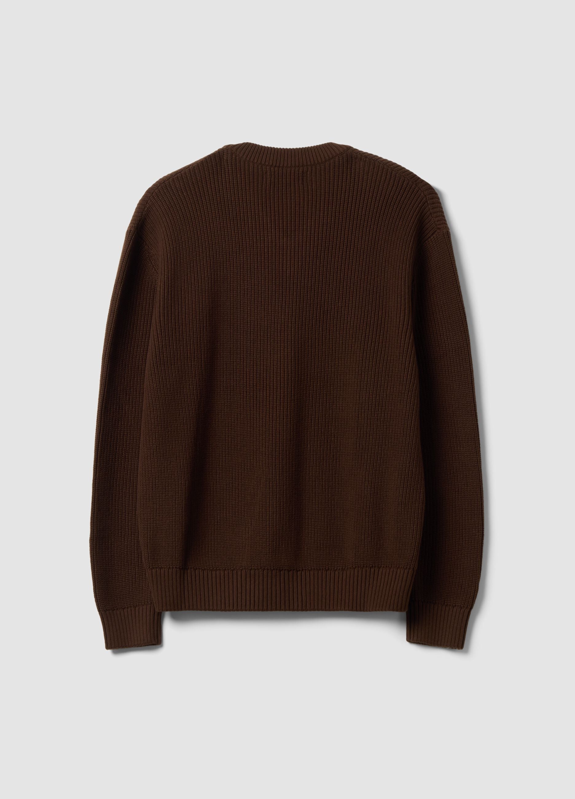 Brown pure cotton jumper with deep V-neck, regular fit