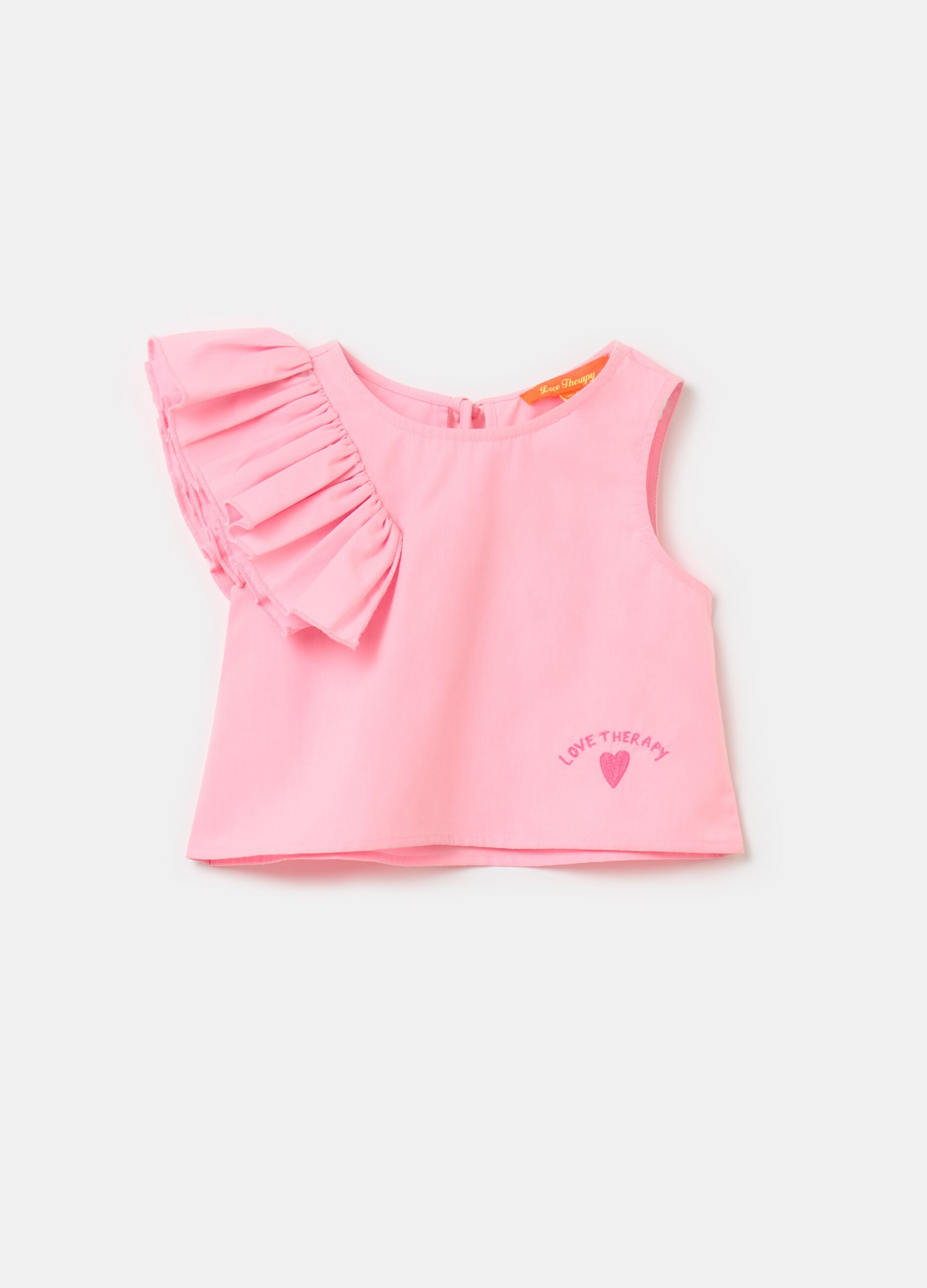 Tank top with flounce and lettering embroidery