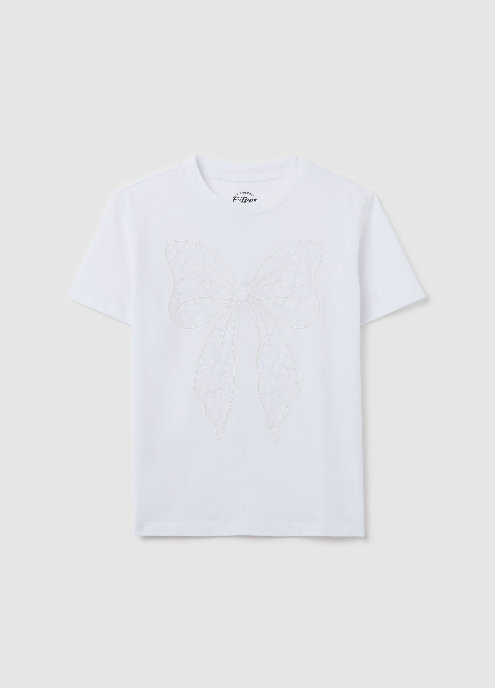 White T-shirt in cotton with lace bow