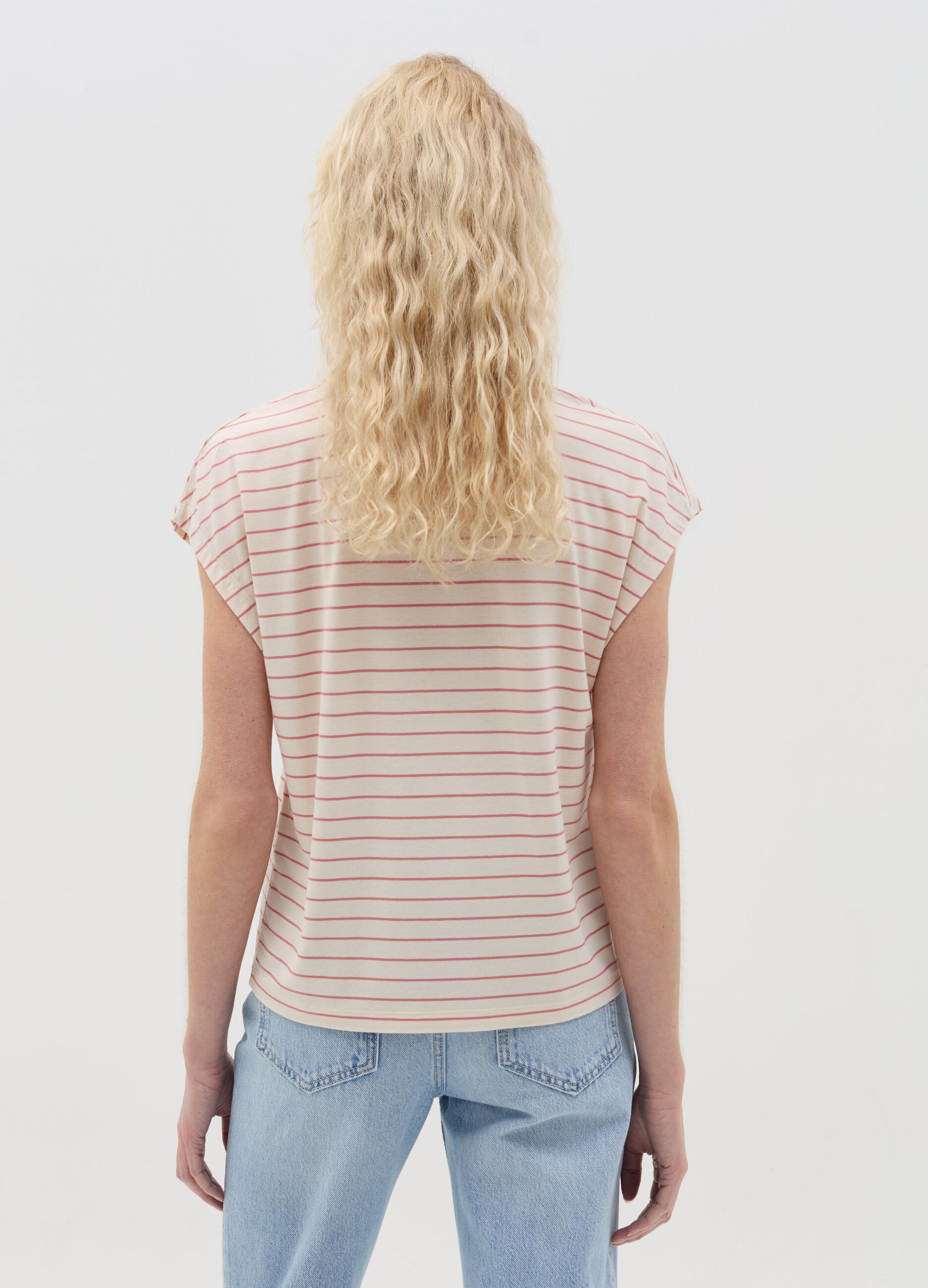 Pink and beige striped T-shirt with short sleeves