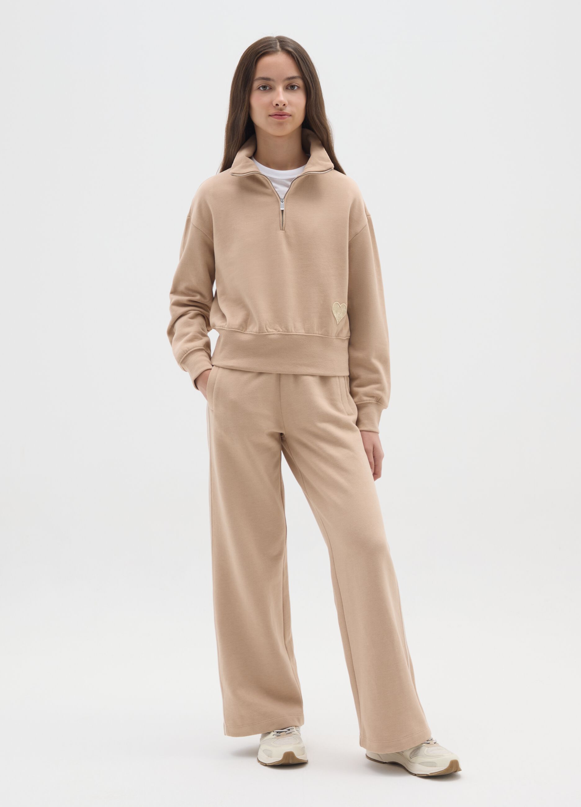 Girls' beige wide leg trousers in cotton blend