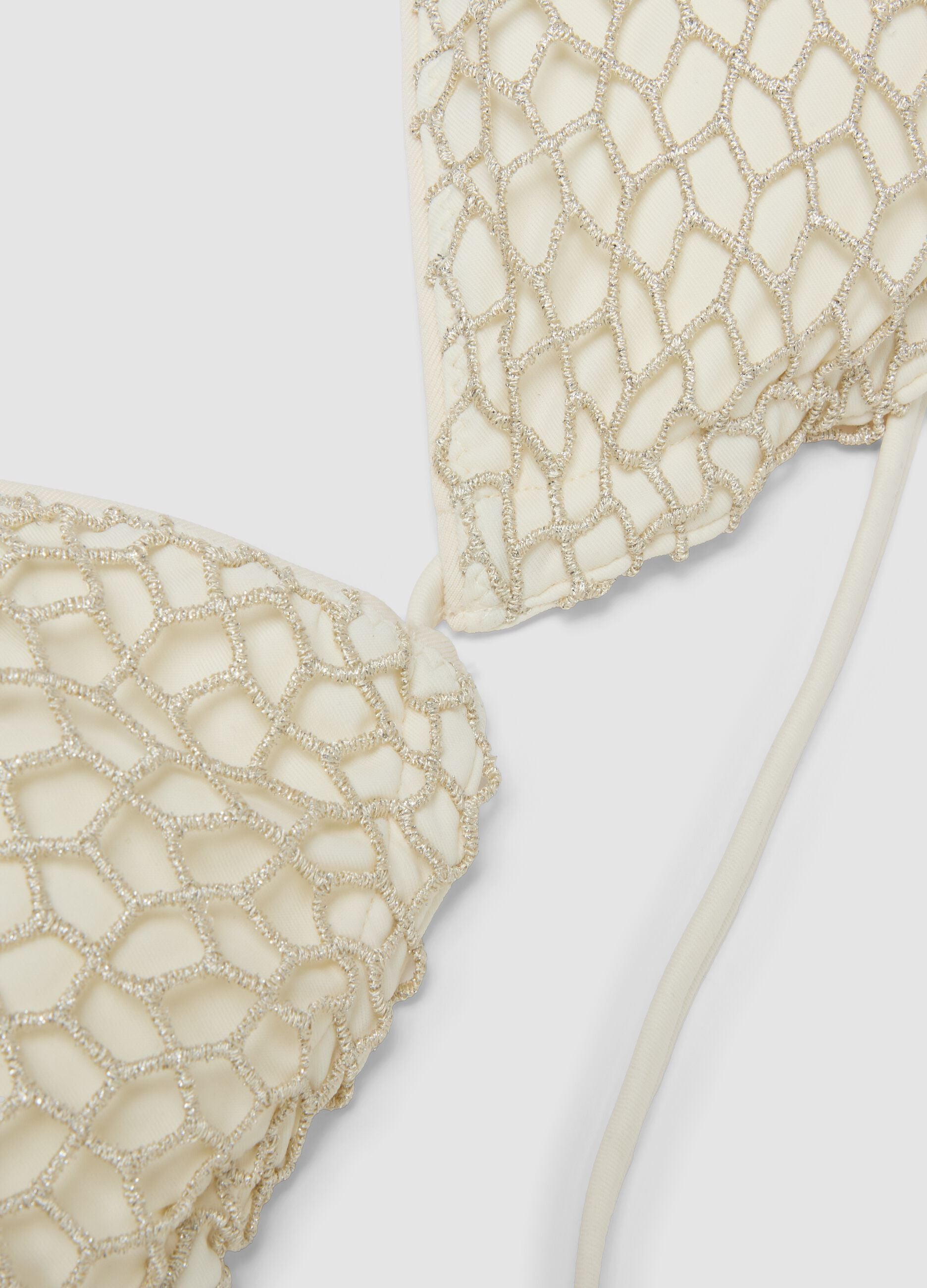 White triangle bikini with embroidered mesh detailing